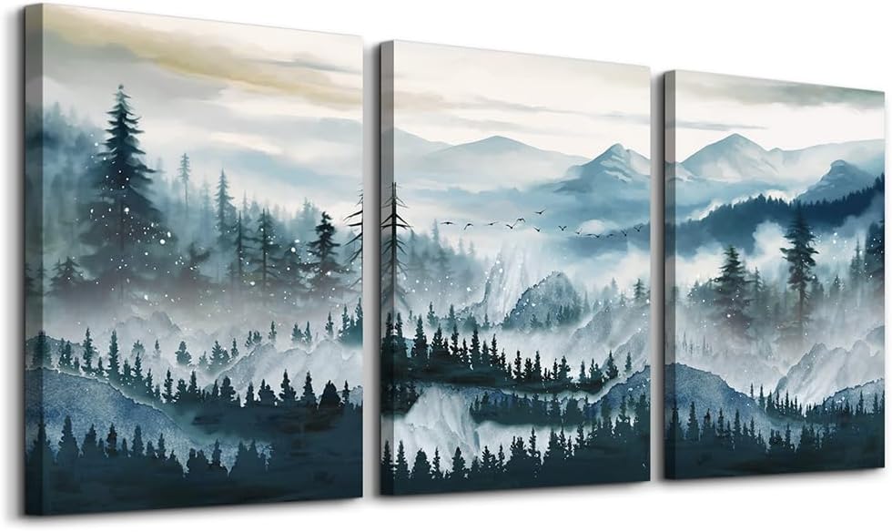 MHARTK66 Mountain Landscape Wall Art for Living Room, Large Foggy Forest Watercolor Artwork for Walls, 3 Piece Nature Mountain Forest Paintings Prints for Hallway Office Kitchen Wall Decor, 16x24 Inch