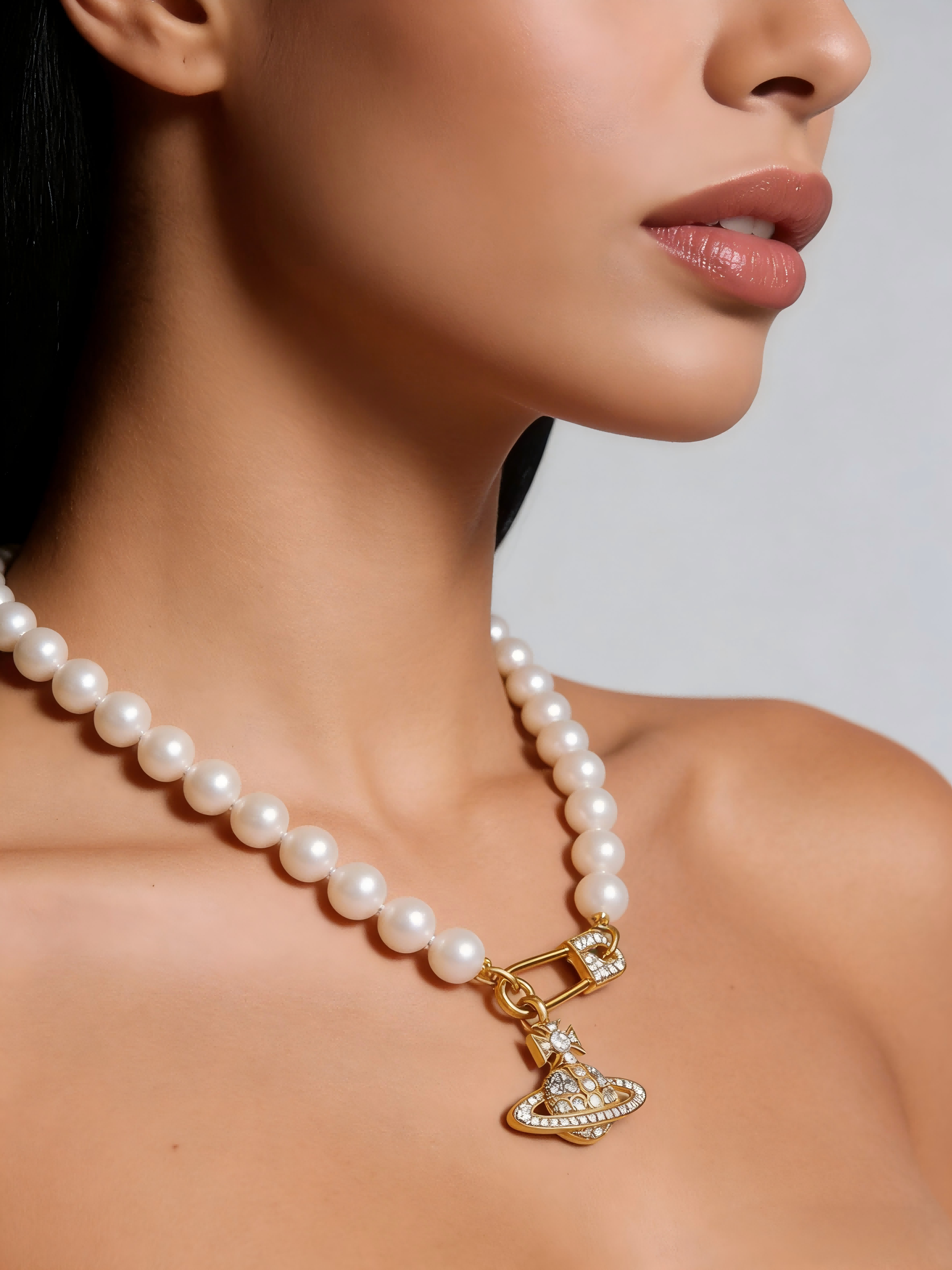 Gold-Tone Safety Pin Pearl Necklace with Rhinestone Orb Pendant | Elegant Dainty Jewelry for Women