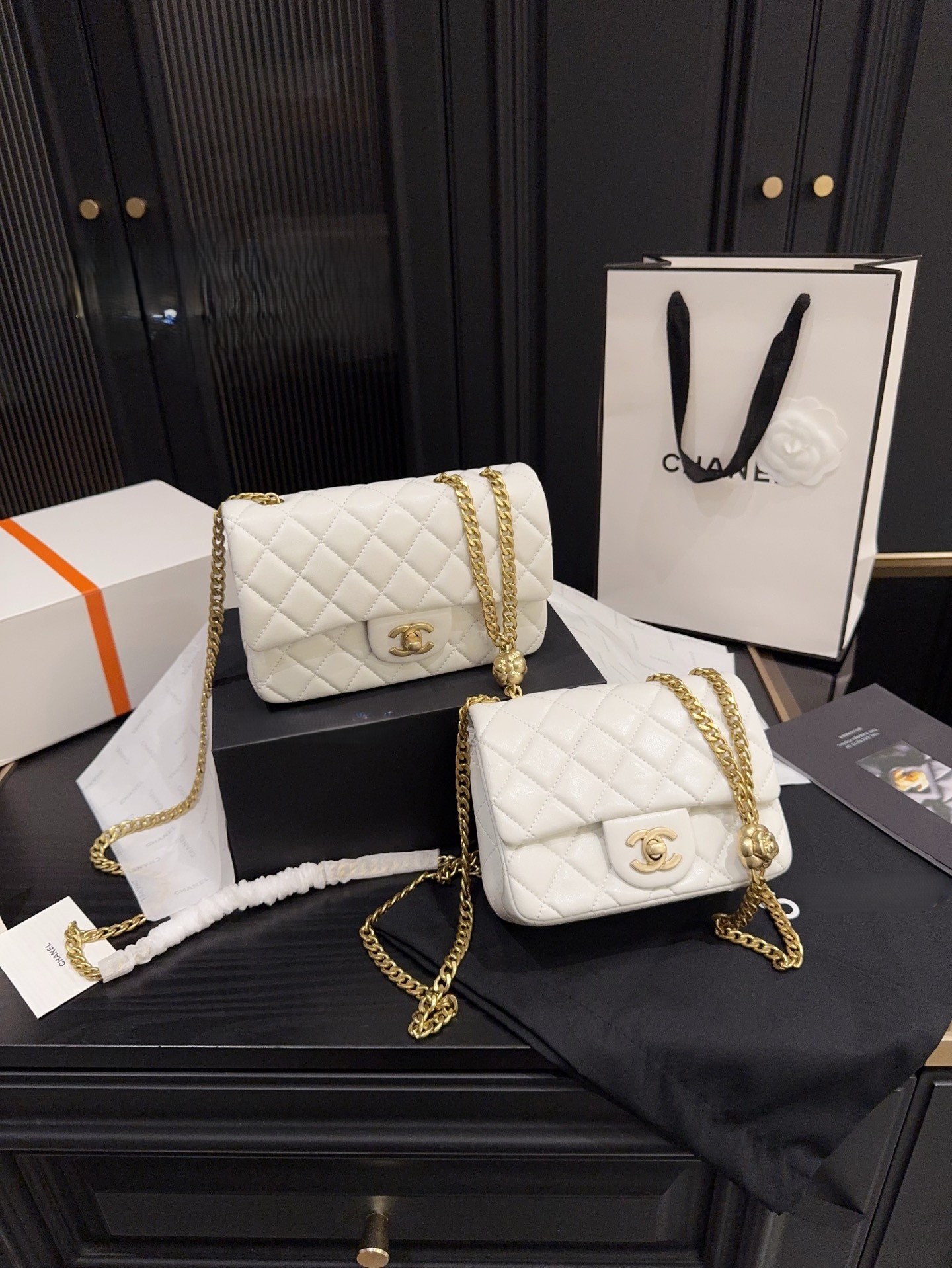 Chanel Mini Square CF 20CM /17CM Camellia Gold Ball Pearl Crush Quilted Leather Chain Flap Shoulder Bag - KAIROO