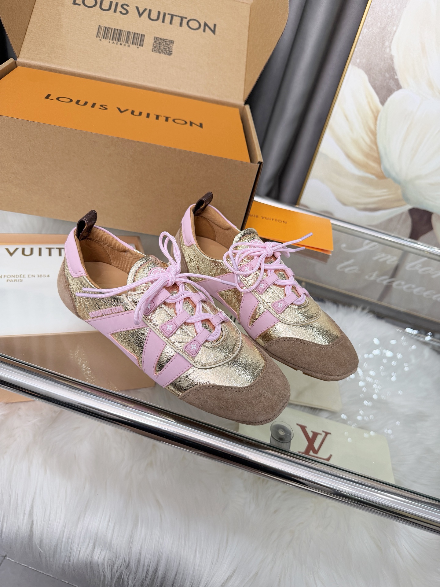 Louis Vuitton Footprint Metallic Gold Pink Trim Suede Leather Low Top Ballet Sneakers - KAIROO