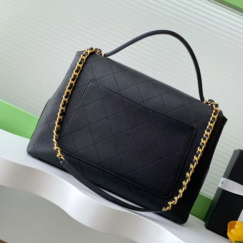 Chanel Black Leather Large Flap Bag with Top Handle