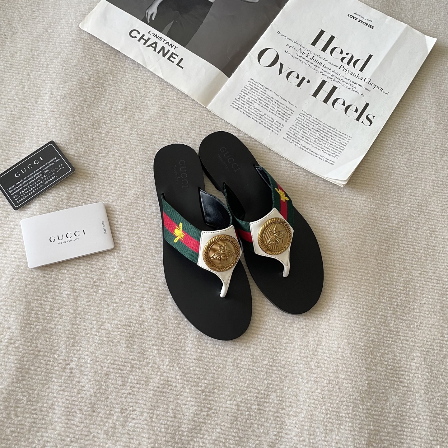 Gucci Web Stripe Gold Bee Emblem Leather Trim Thong Sandals Flip Flops - KAIROO