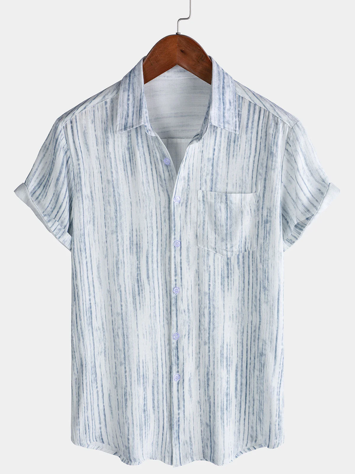 Men's White Striped Breathable Pocket Short Sleeve Shirt