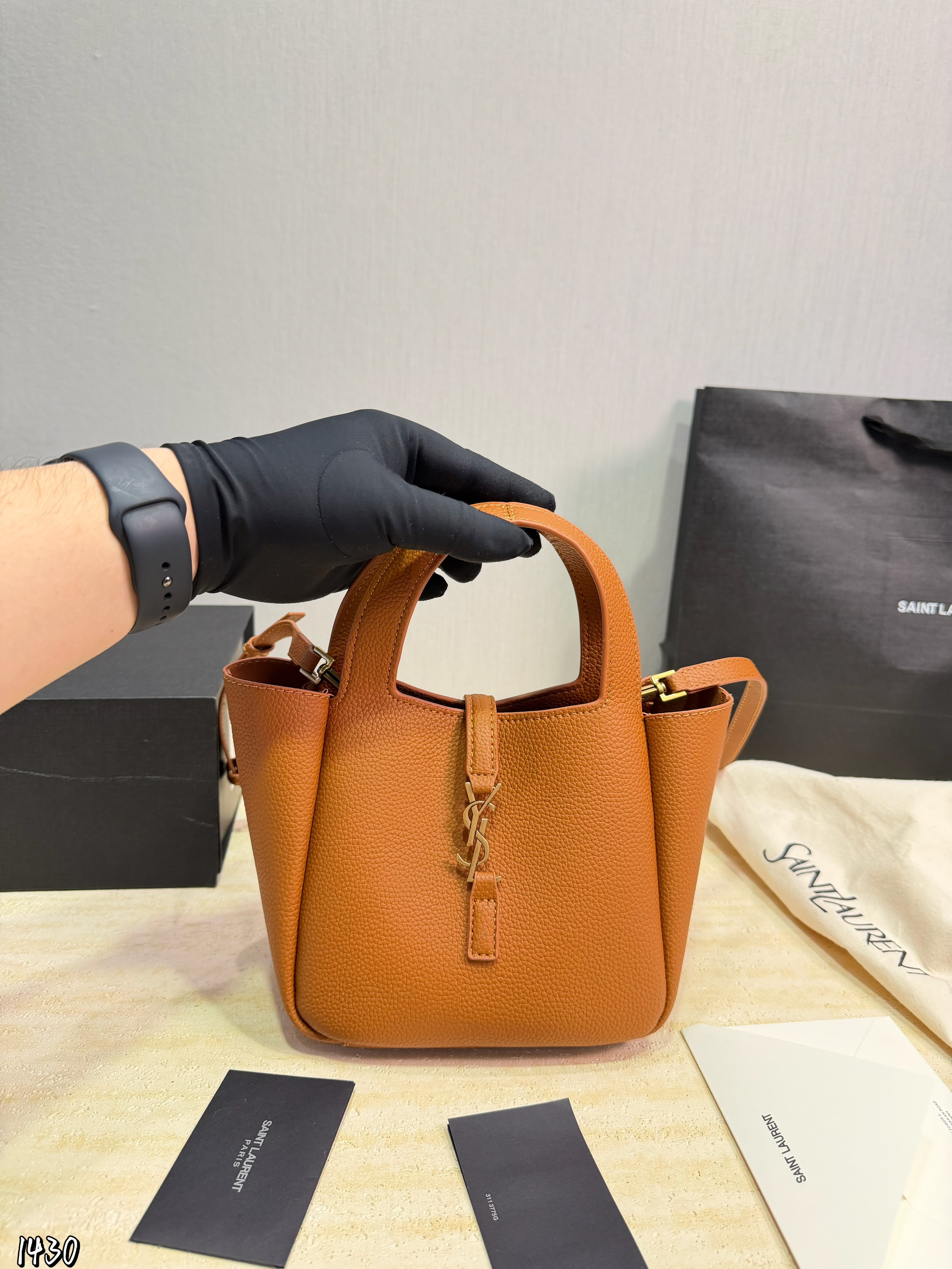 Saint Laurent Mini Bea Hobo Grain Leather YSL Front Toggle Fold Wing Tote Bucket Shoulder Bag - KAIROO