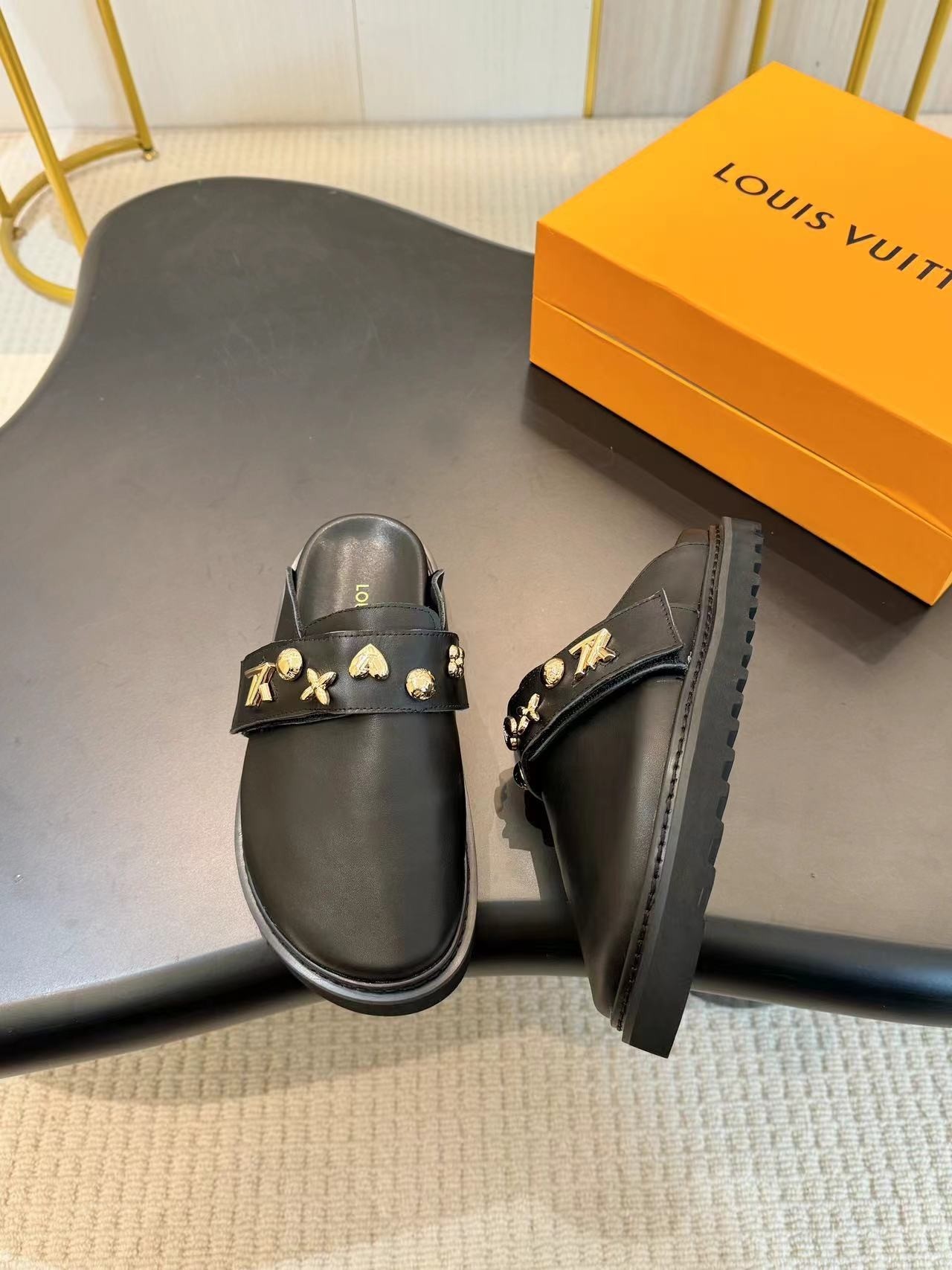 Louis Vuitton Black Paseo Smooth Leather Gold Monogram Stud Charms Birkenstock Clog Loafer Mule - KAIROO