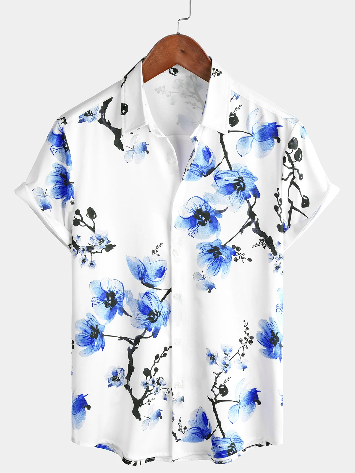Men's Blue Floral Cherry Blossom Print Casual Short Sleeve Shirt