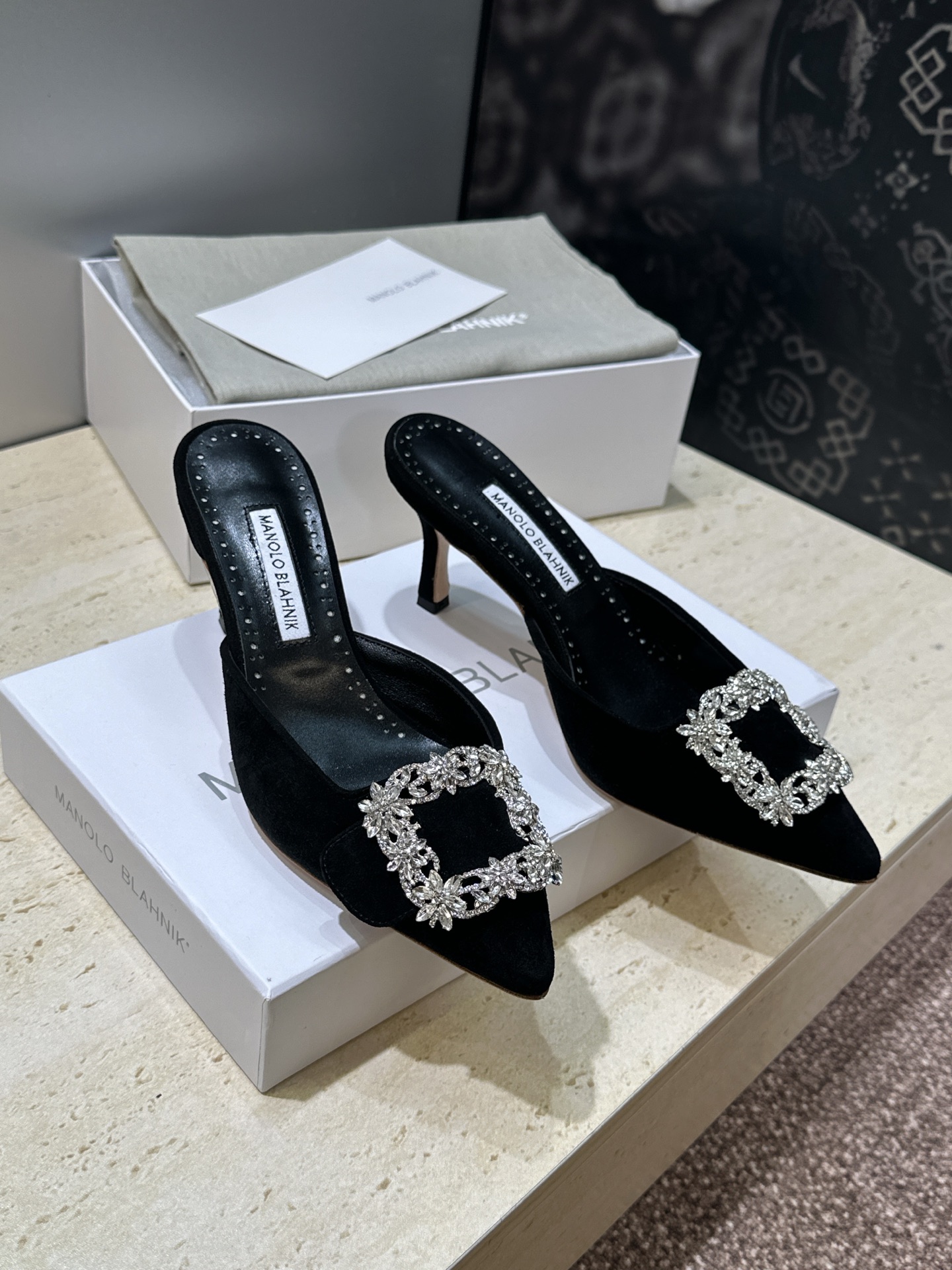 Manolo Blahnik Swarovski Crystal and Suede Heeled Slide