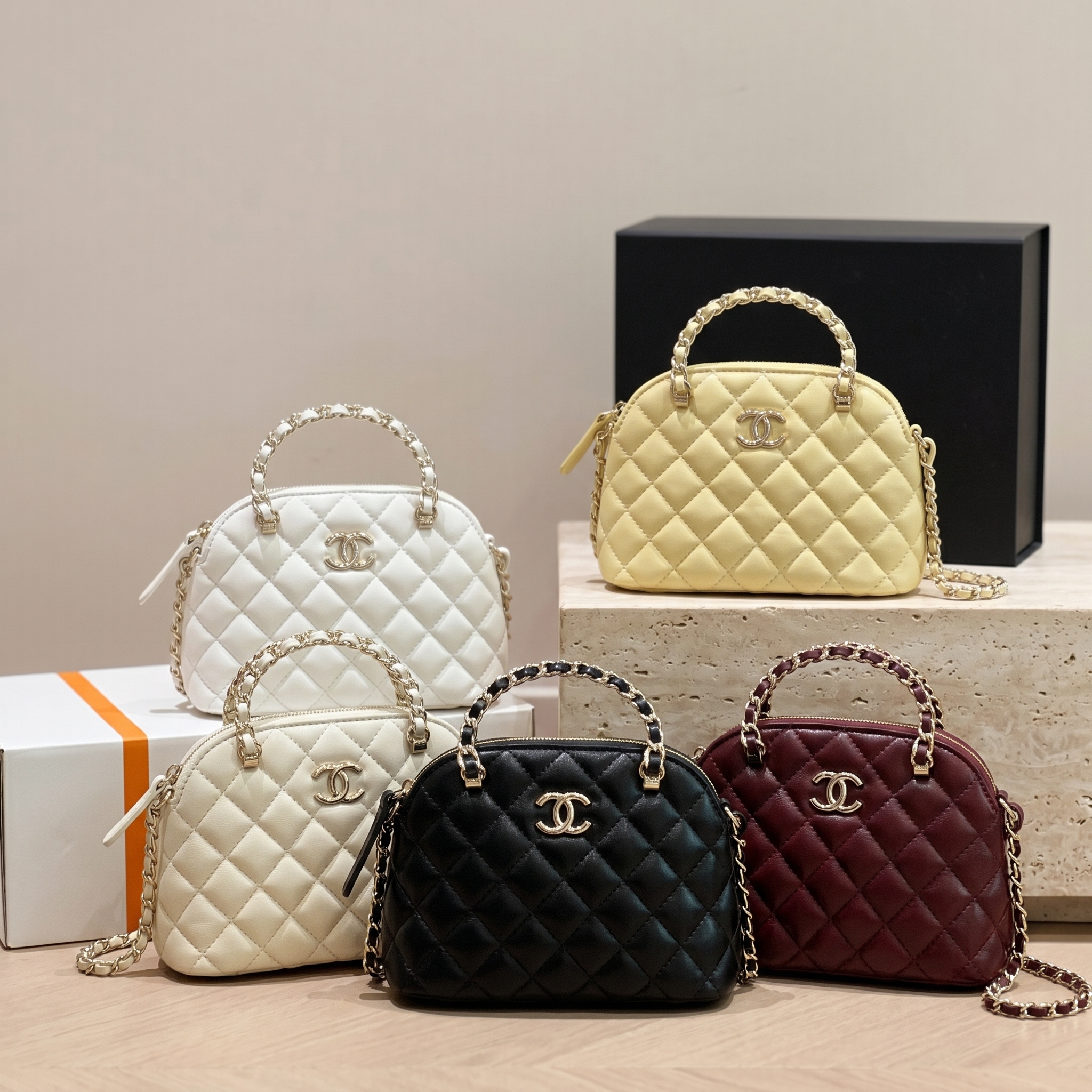 Chanel 24B Mini Quilted Smooth Leather Shell Dome Zip Bowling Chain Handle Shoulder Bag - KAIROO