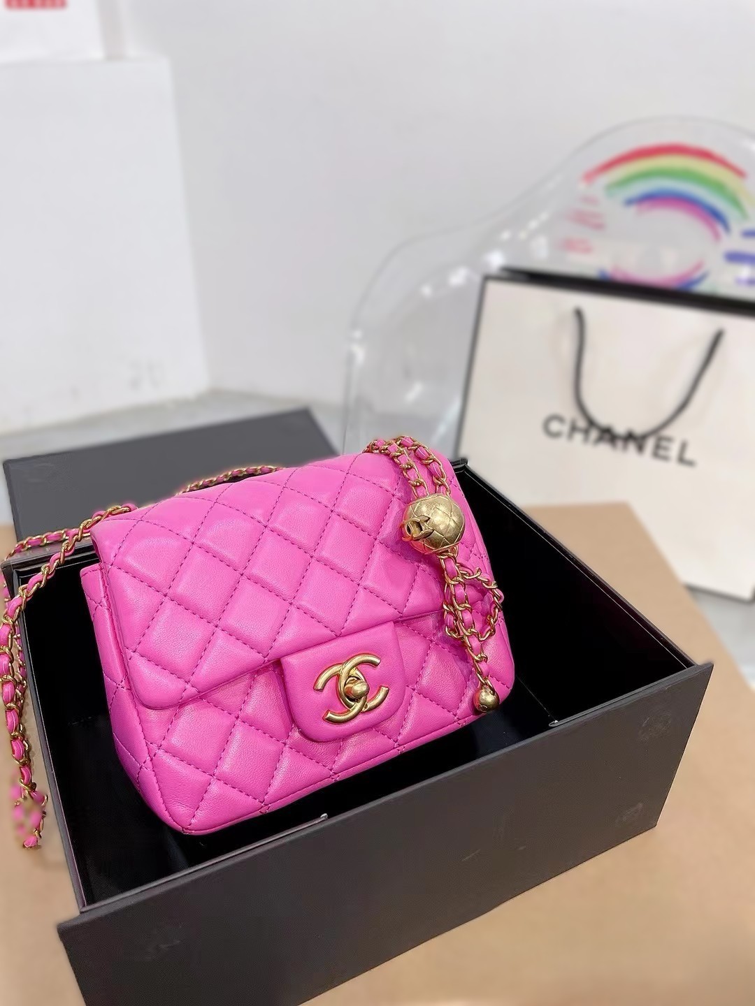 Chanel Mini Square CF 17CM Gold Ball Pearl Crush Quilted Leather Flap Chain Shoulder Bag - KAIROO