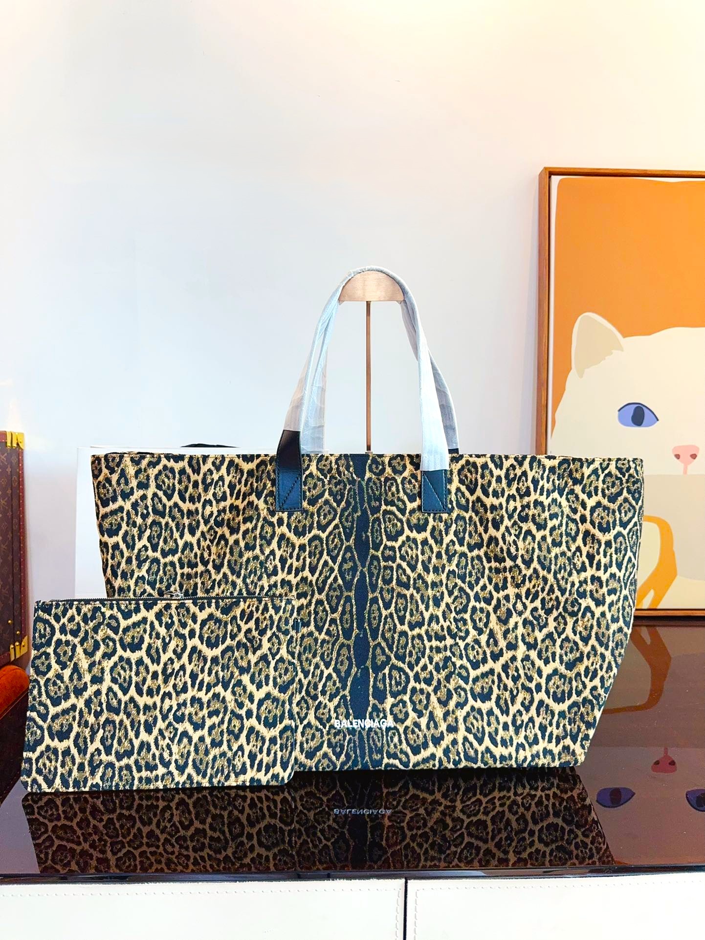 Balenciaga Oversized Leopard Print Canvas Horizontal Mommy Tote Bag with Large Clutch Pouch - KAIROO