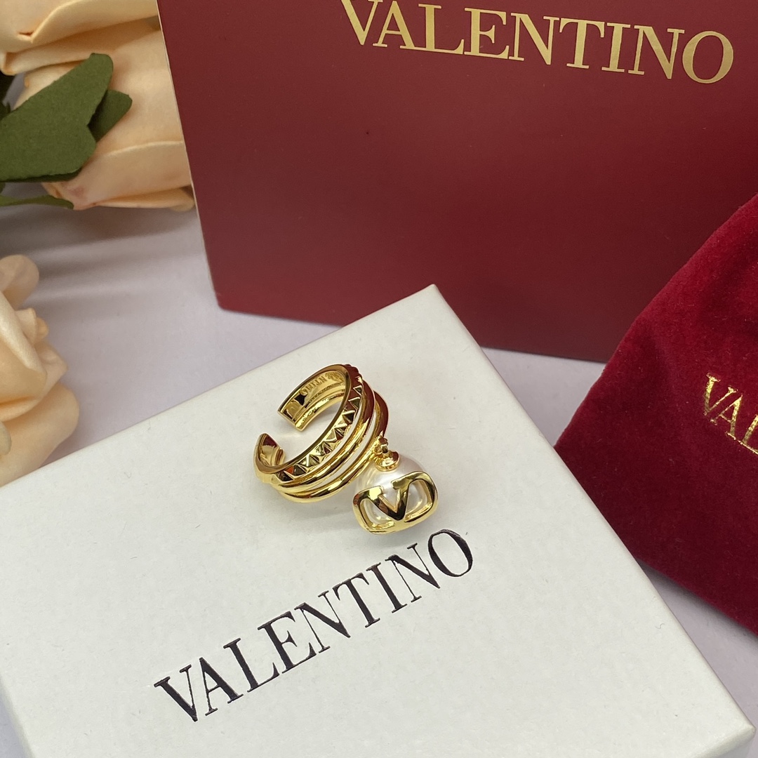 Valentino VLogo Signature Dangling Pearl Charm Gold Finish Metal Cage Studded Open Ring - KAIROO