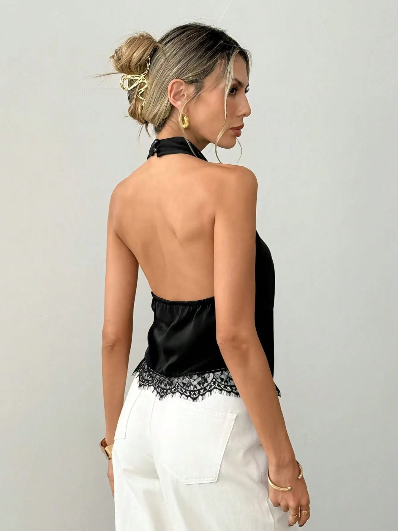 Women's Lace Hem Open Back Silk Halter Top
