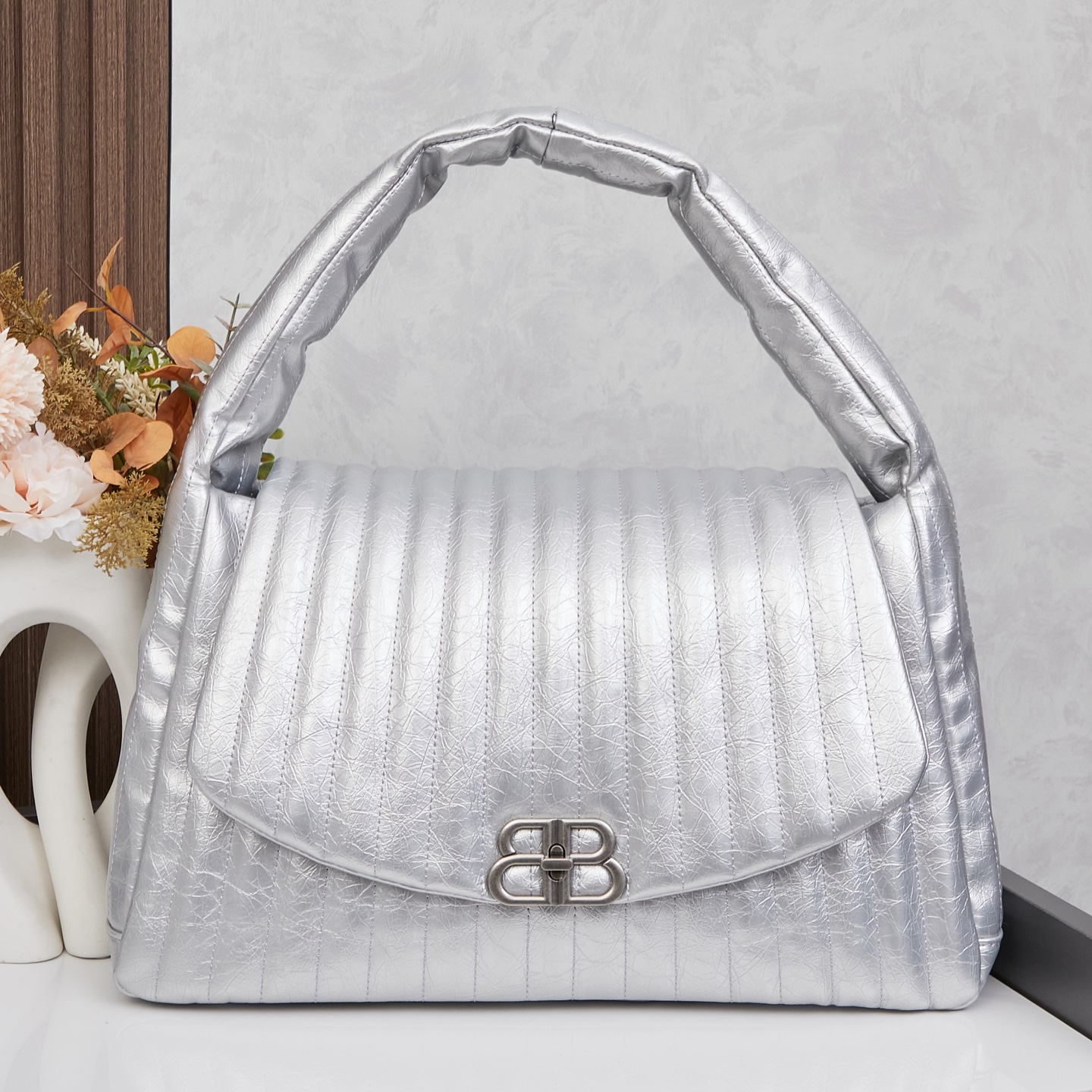Balenciaga Monaco Silver Padded Slouchy Quilted Leather BB Logo Puffy Handle Shoulder Tote Bags - KAIROO