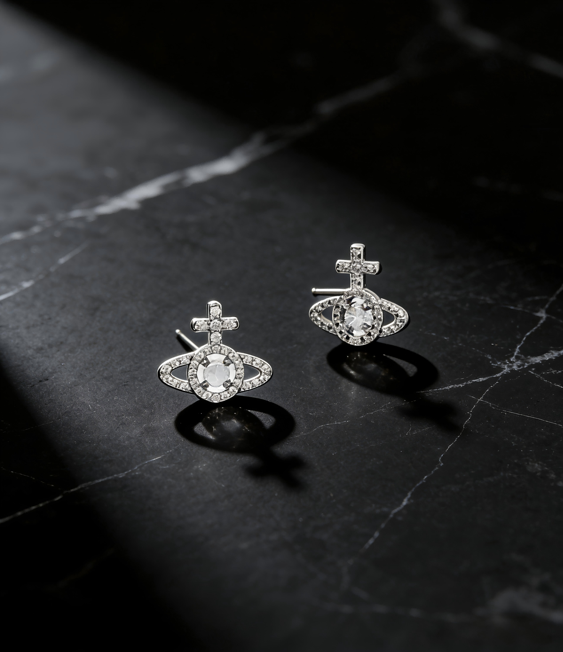 2026 New Vivienne Westwood Style Silver Crystal Saturn Earrings - Dainty Rhinestone Stud Earrings for Women