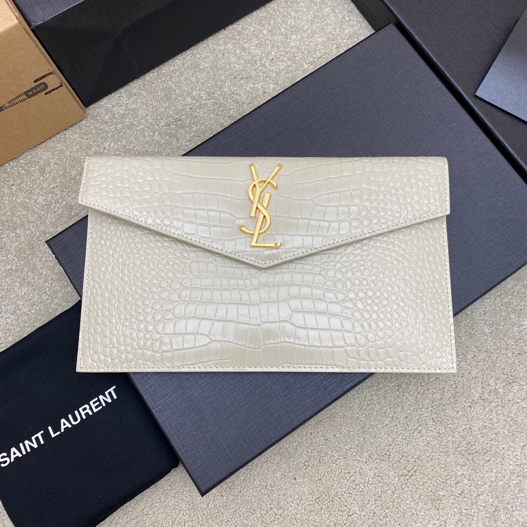 Saint Laurent White Uptown Small Clutch in Crocodile Embossed leather