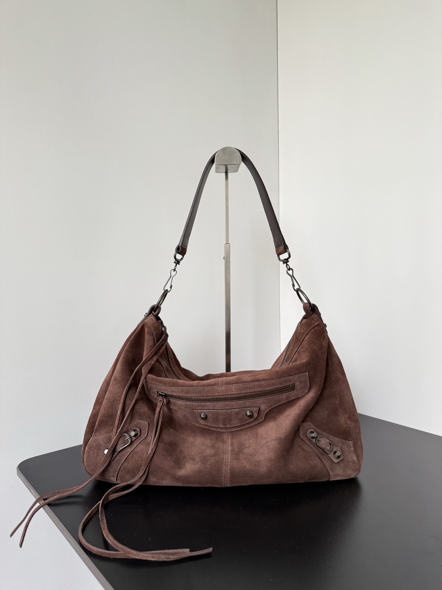 𝐁alenciaga Le City Moto Medium Bag in Brown Suede