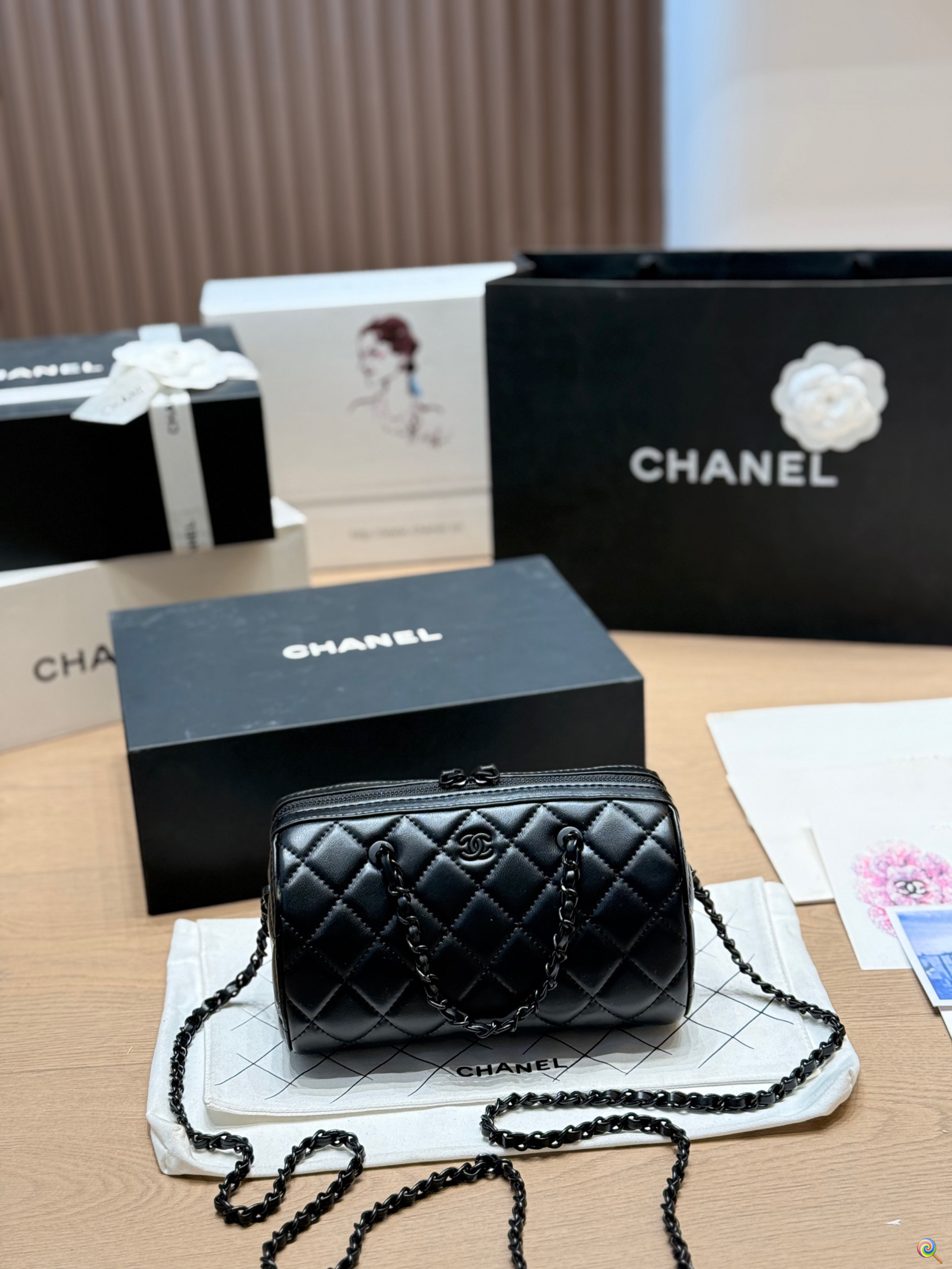 Chanel 25P Mini Quilted Leather All Black CC Logo Chain Handle Vanity Boston Bowling Bag - KAIROO