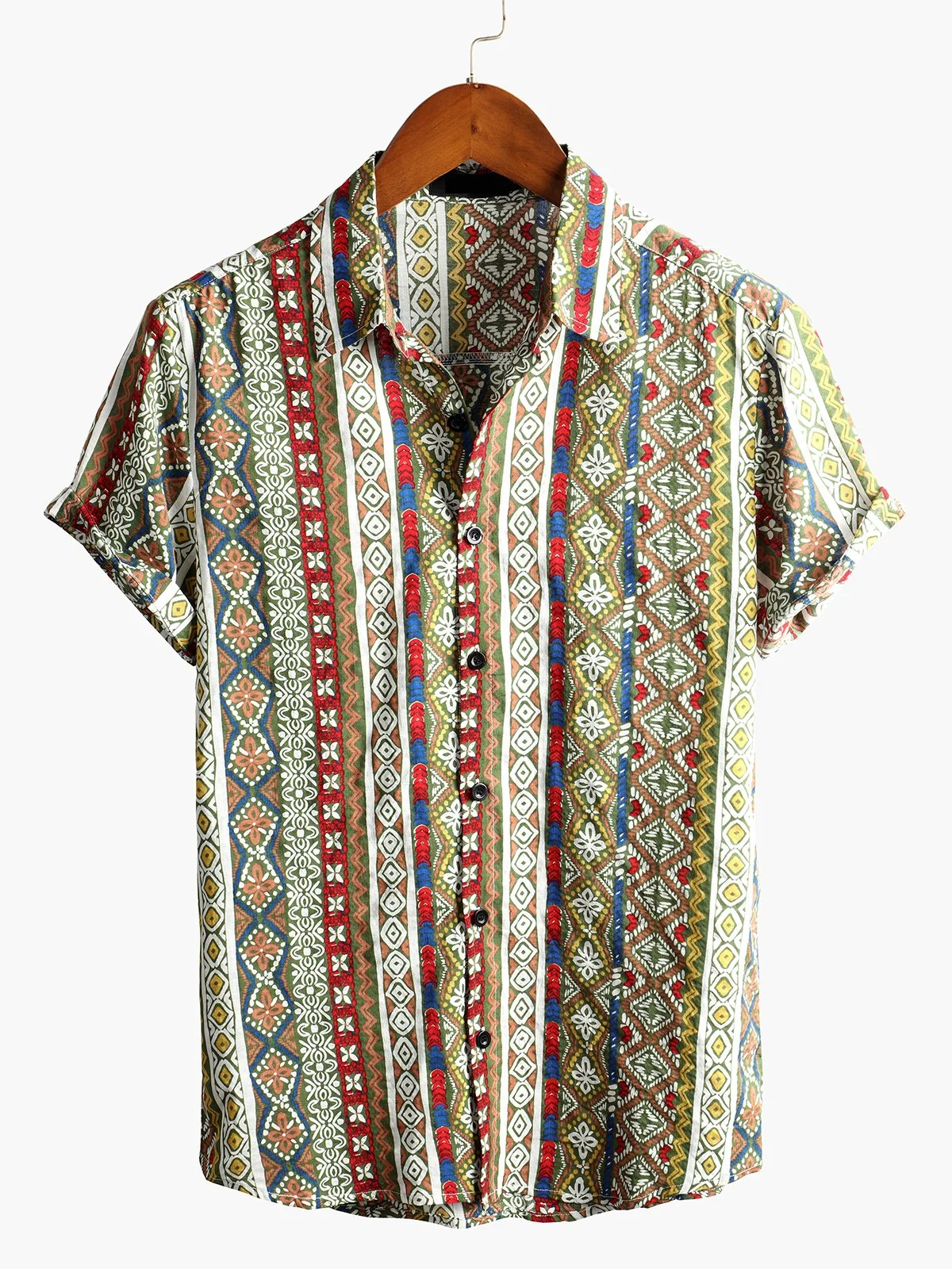 Men's Patchwork Print Cotton Short Sleeve Shirt