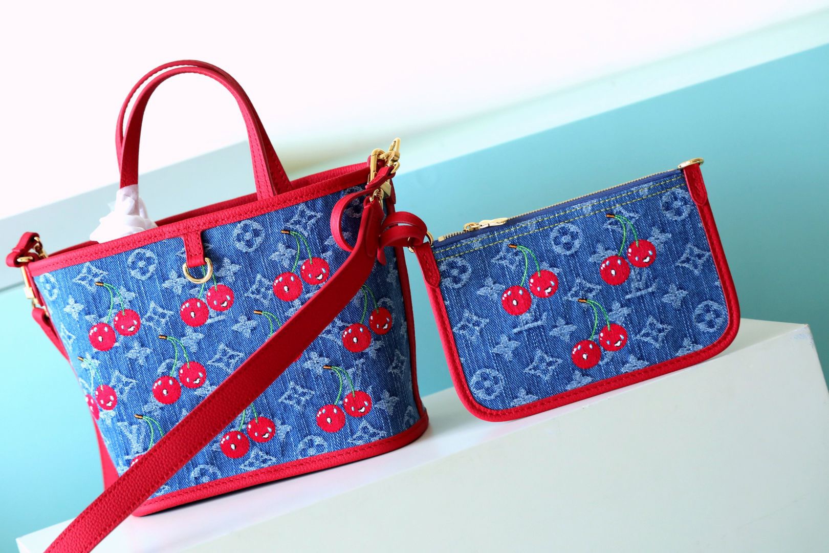 Louis Vuitton LV New Denim Cherry Embroidered Tote Bag