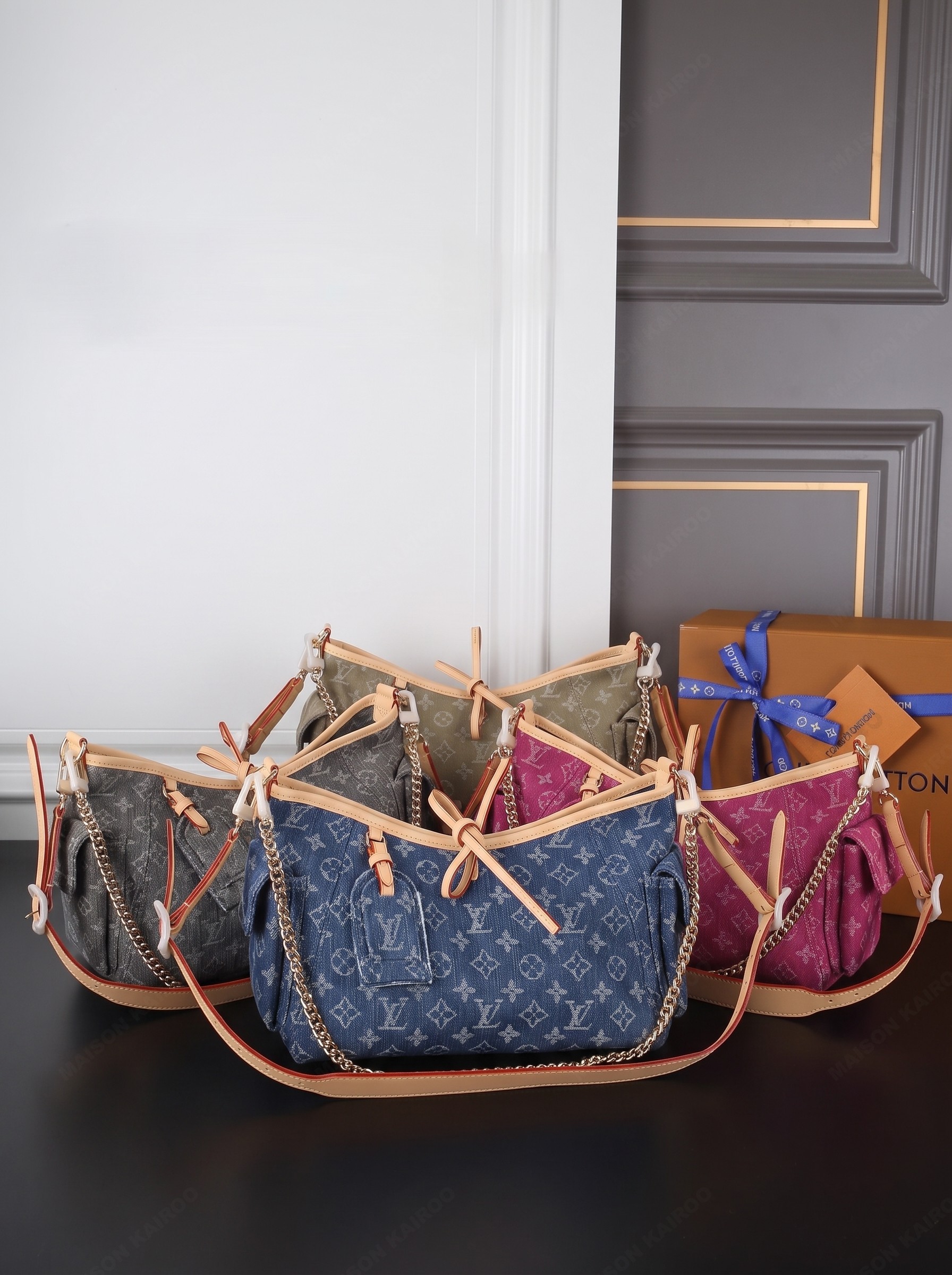 Louis Vuitton LV Carryall Cargo PM Monogram Denim Bow Multi-Pocket Vachetta Leather Hobo Shoulder Bag - KAIROO