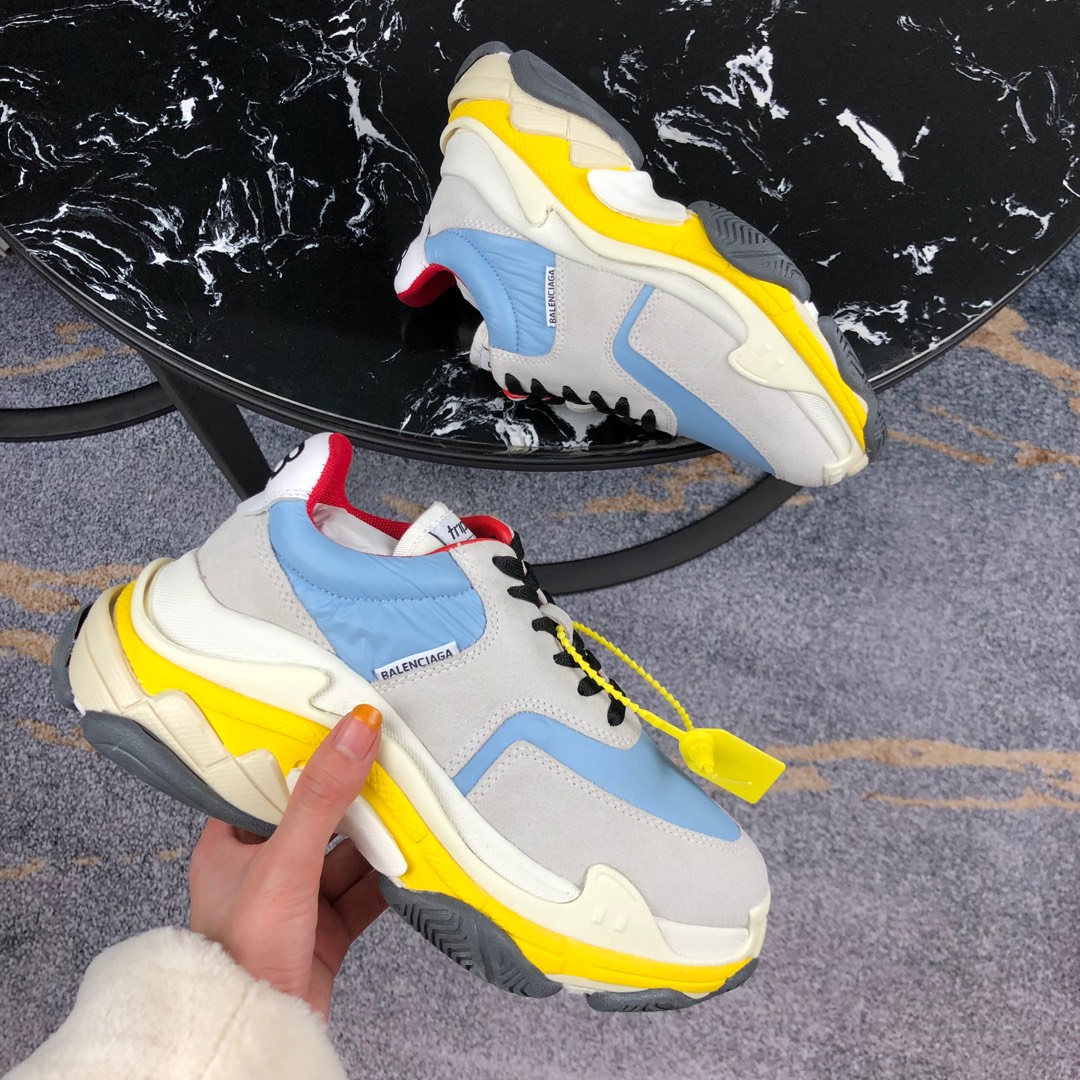 Balenciaga Triple S Blue Yellow Red Contrast Color Mesh Leather Panel Lace Up Chunky Sneakers - KAIROO