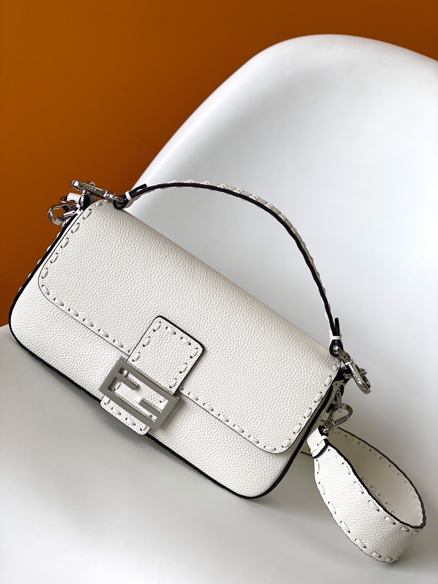 Fendi Medium Selleria Baguette Leather Bag-White