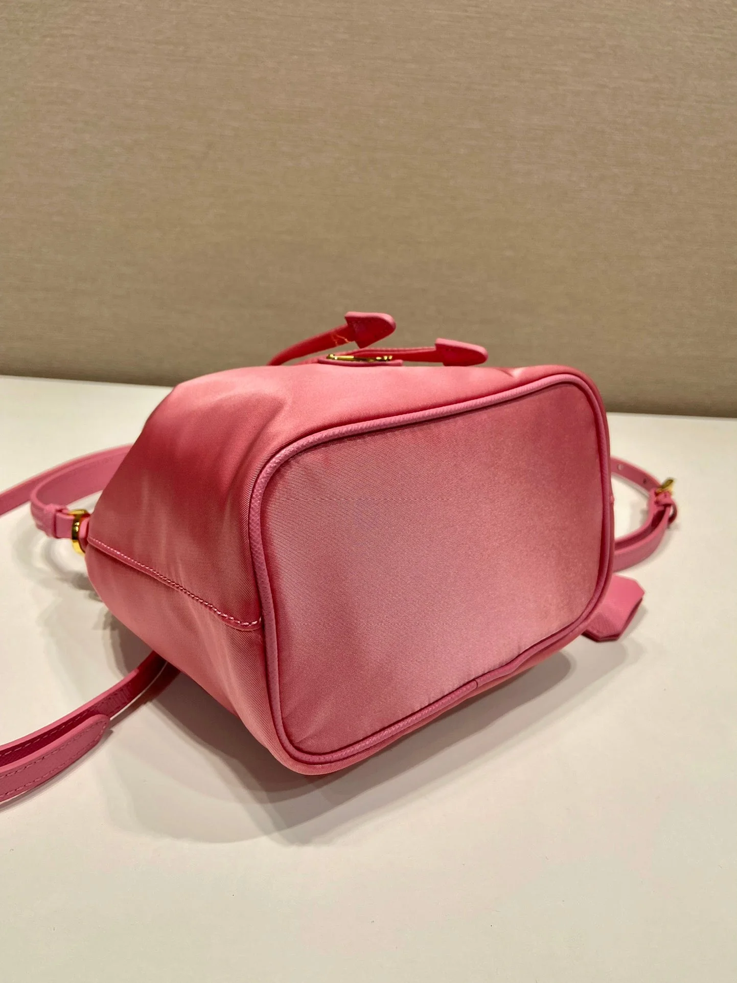 Prada BUCKET BAG 19 IN CANDY PINK RE-NYLON AND SAFFIANO LEATHER HANDLE