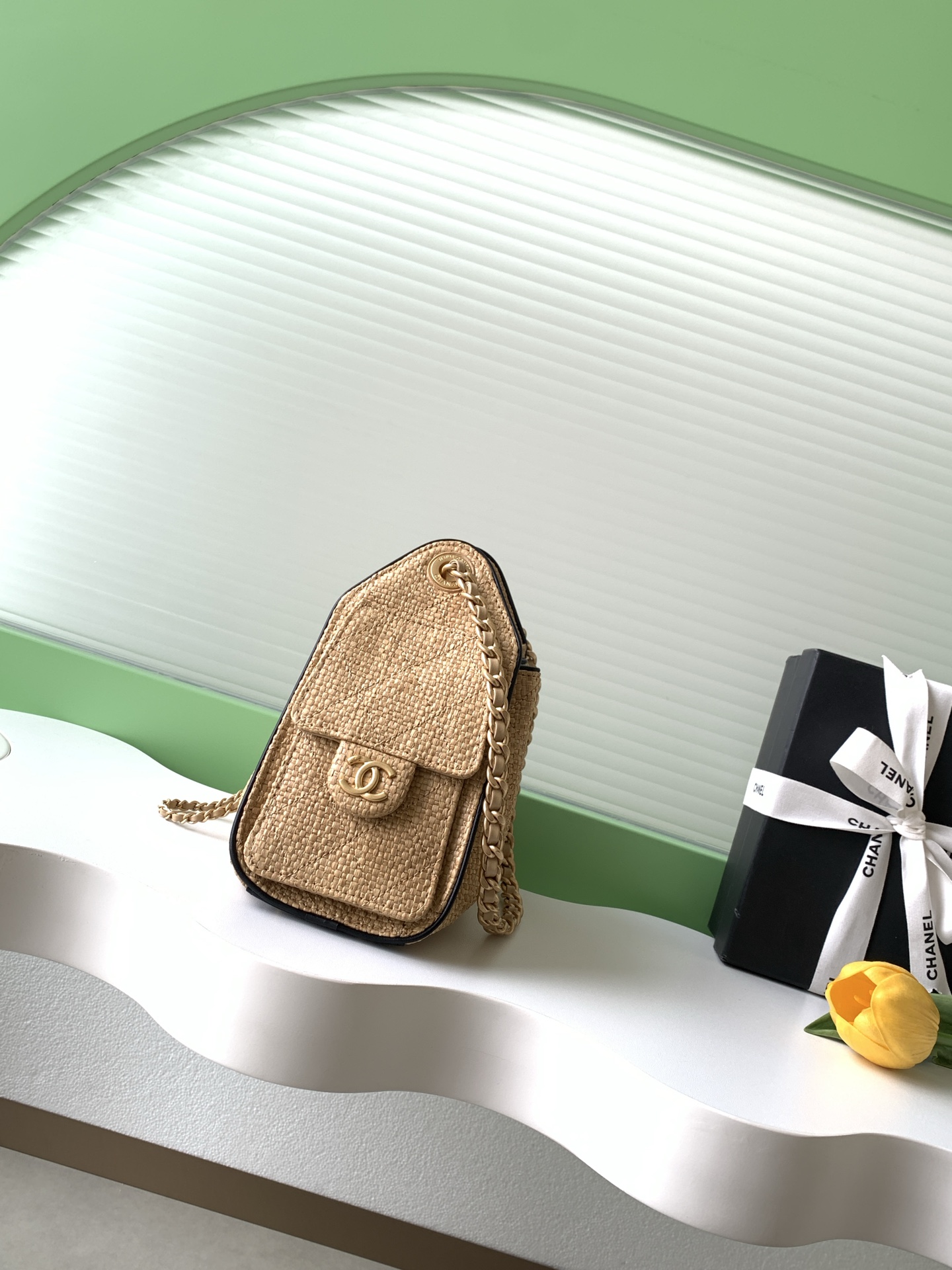 Chanel 25 Mini Handbag in beige and Black Braided Raffia