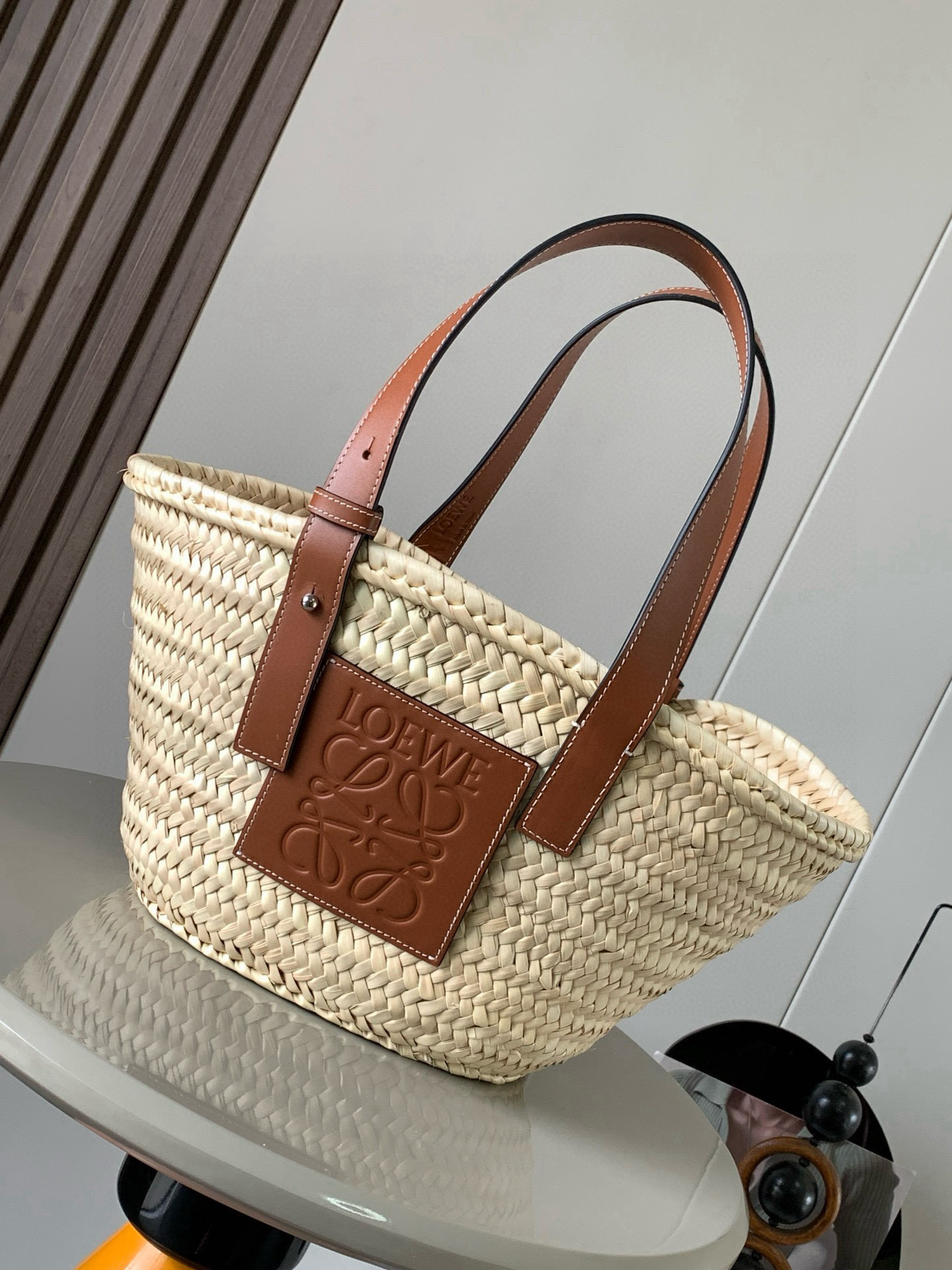 Loewe Paula's Ibiza Small/Medium Natural Tan Embossed Leather Patch Palm Leaf Basket Tote Bag /10A - KAIROO