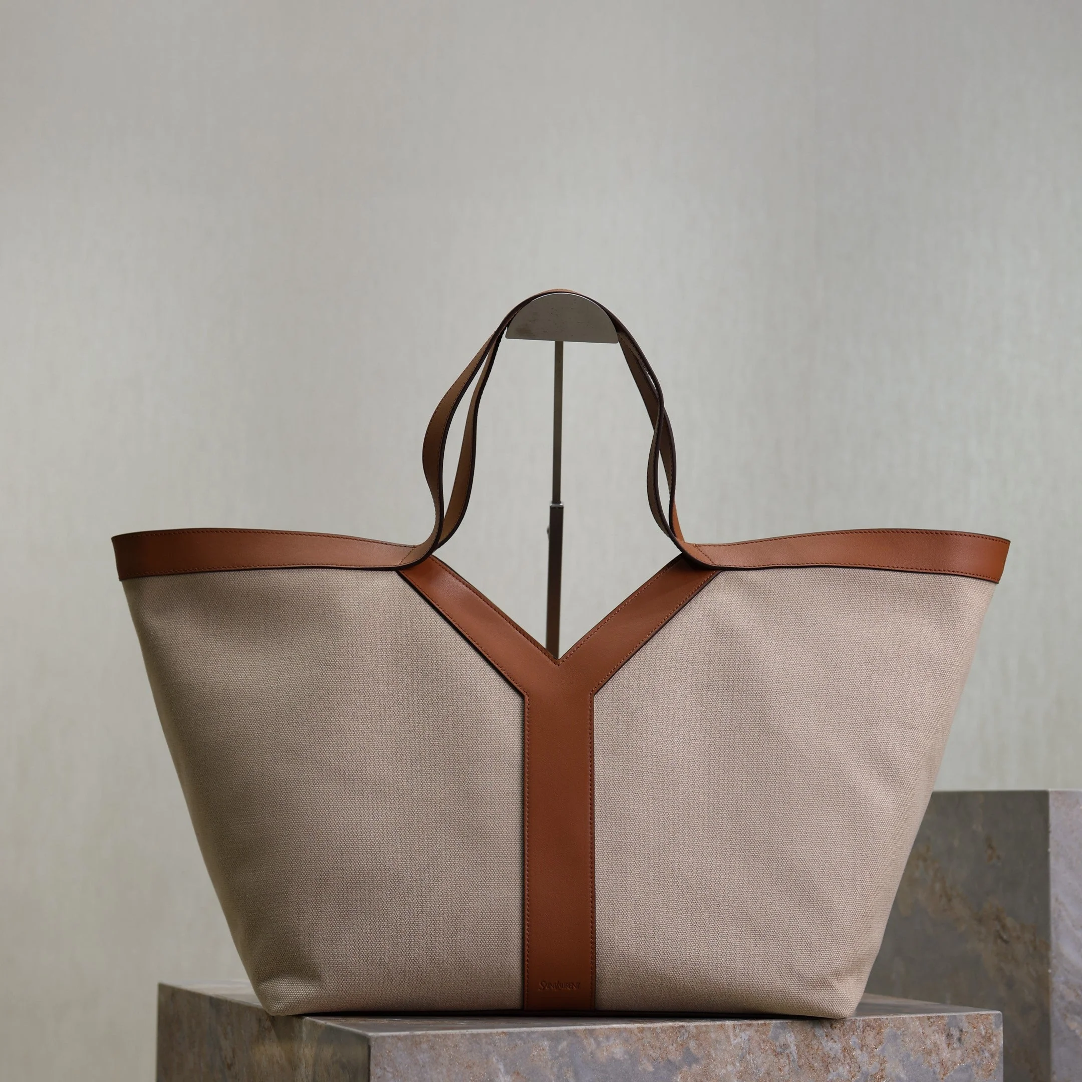 Saint Laurent YSL  Tote Bag Beige Brown Canvas Leather