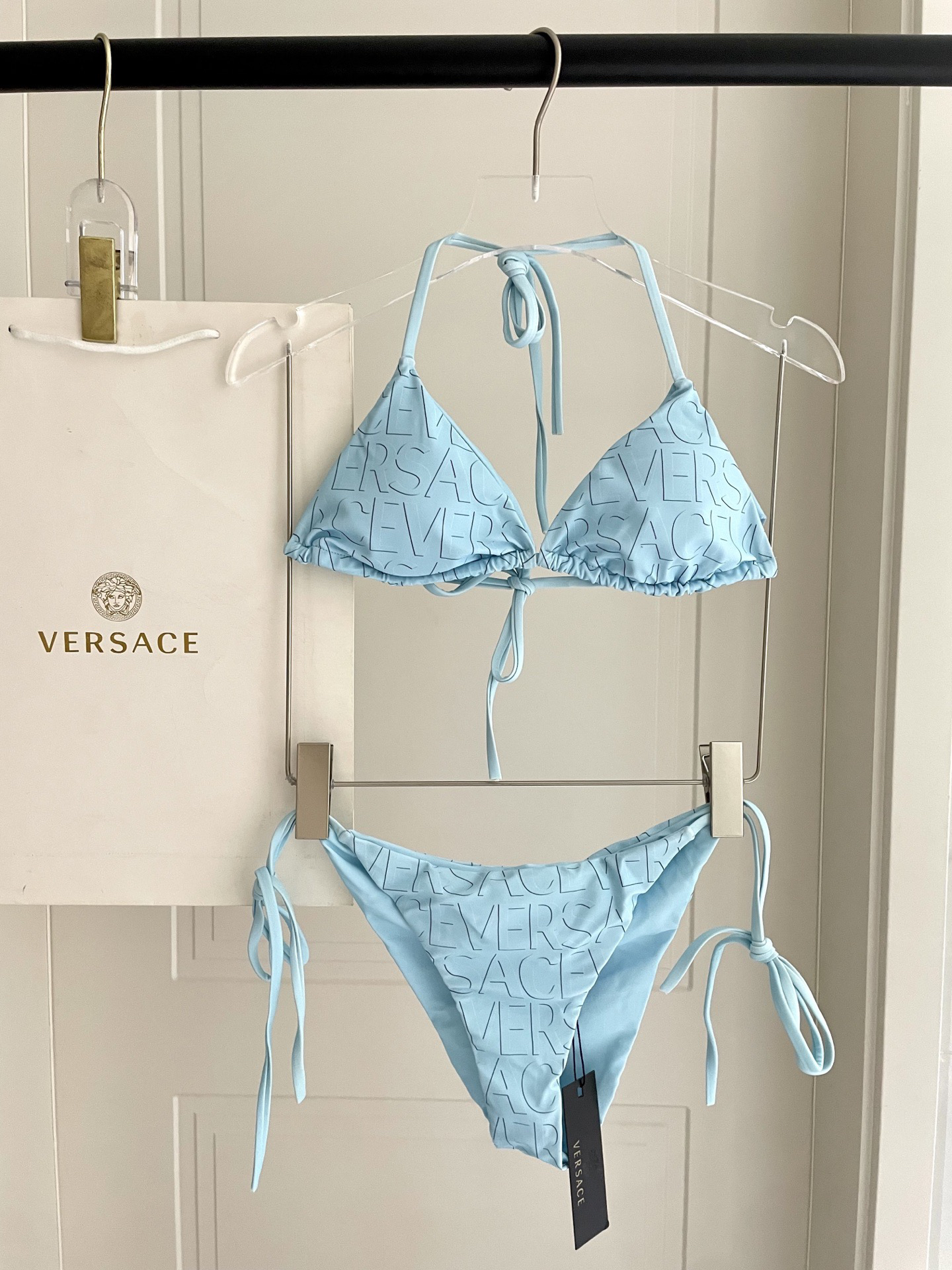 Versace Baby Blue Allover Embossed Versace Logo Triangle Bikini Two-Piece Swimsuit - KAIROO