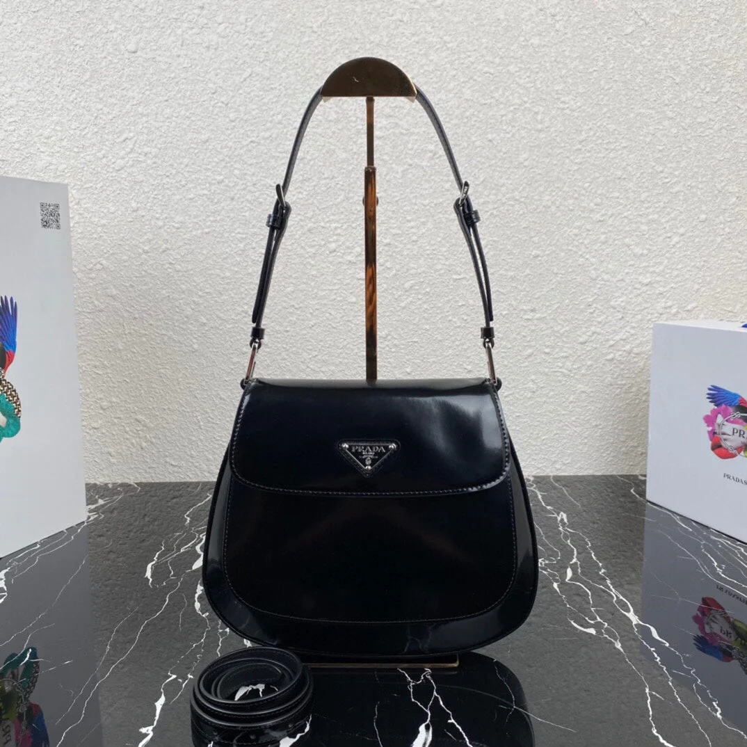 Prada CLEO 24 BLACK BRUSHED LEATHER SHOULDER BAG