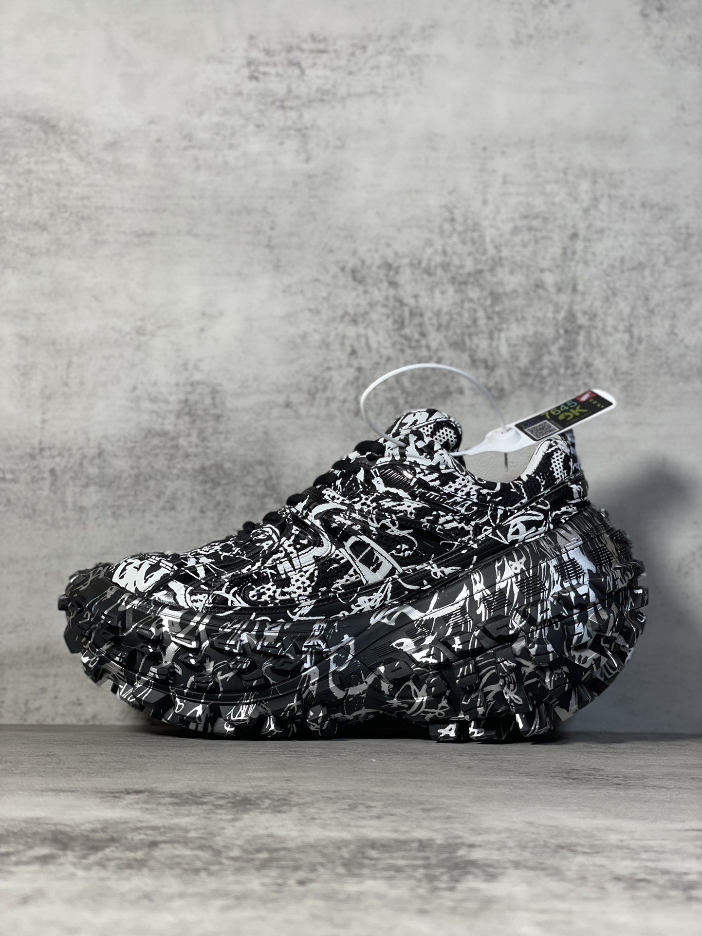 Balenciaga Bouncer Defender Black Graffiti Scribble Muddy Mesh Nylon Rounded Chunky Tire Sole Sneakers /10A - KAIROO