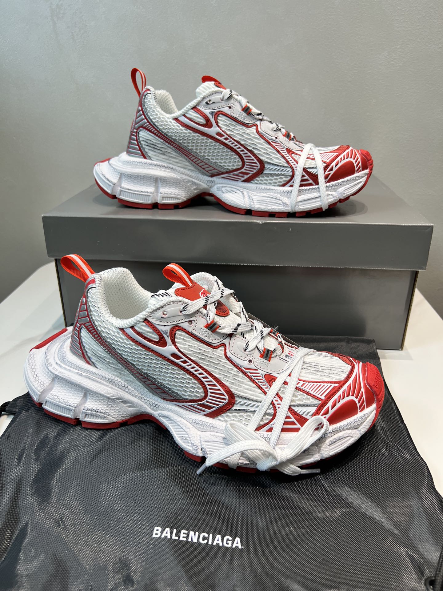 Balenciaga 3XL White Red Contrast Mesh Polyurethane Wrapped Laces Oversized Chunky Sneakers - KAIROO