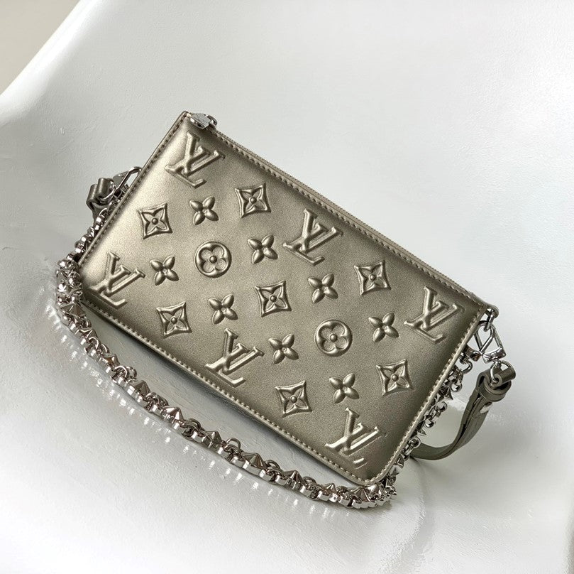 Louis Vuitton LV Lexington Pochette Shoulder Bag 21.5 Metallic Sliver Monogram Embossed Cafskin