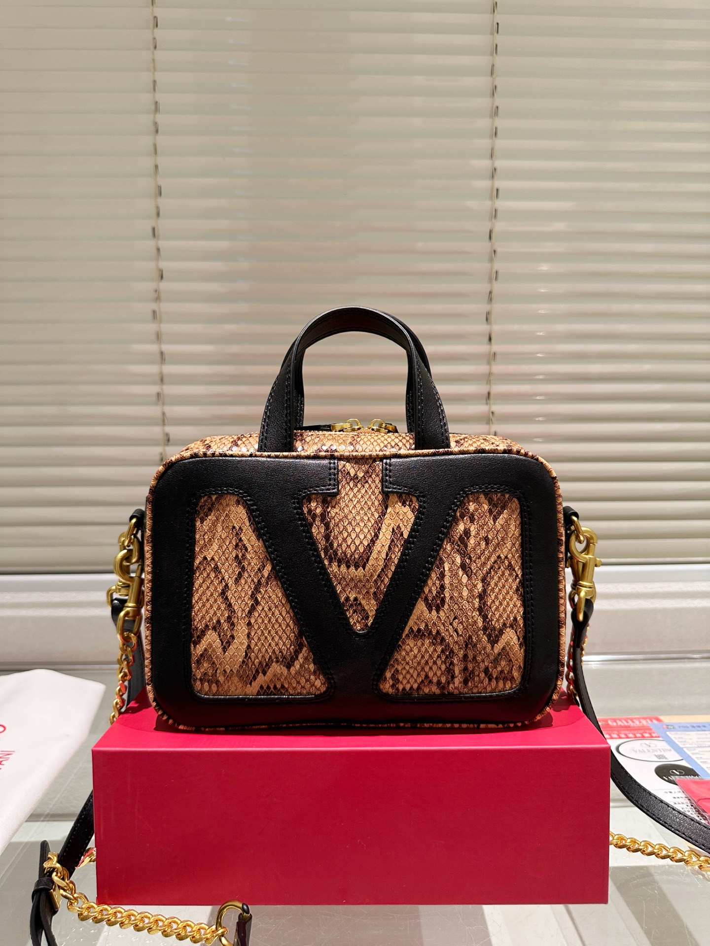 Valentino Python Effect Leather Oversized Appliqué VLogo Chain Strap Handle Boxy Tote Camera Bag - KAIROO