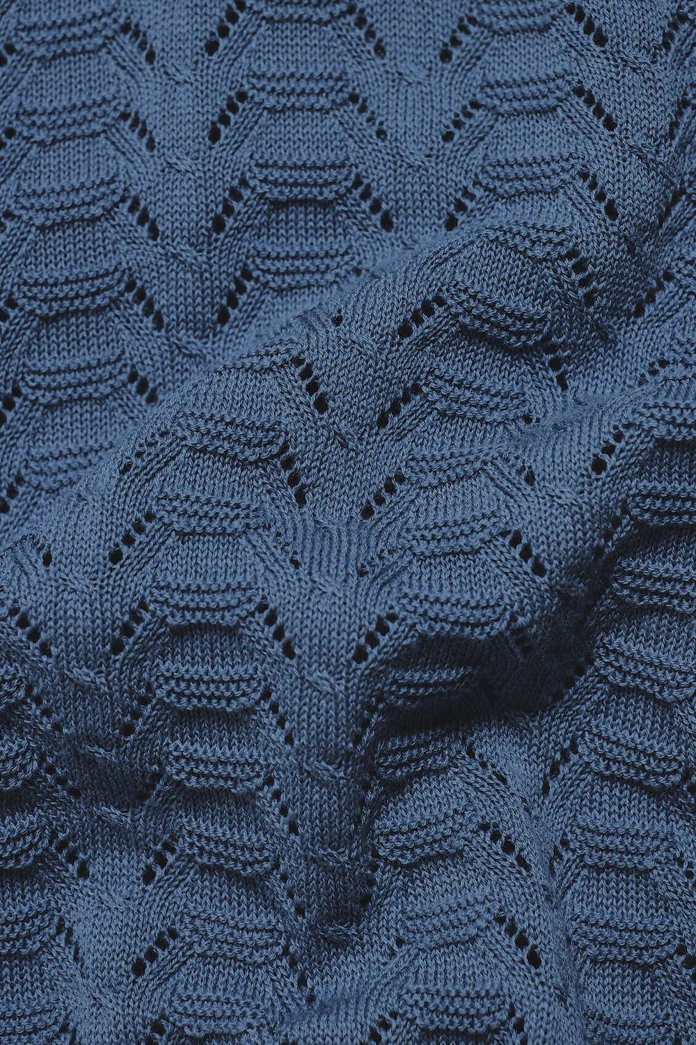 Pointelle Knitted Open Collar Polo Shirt in Blue