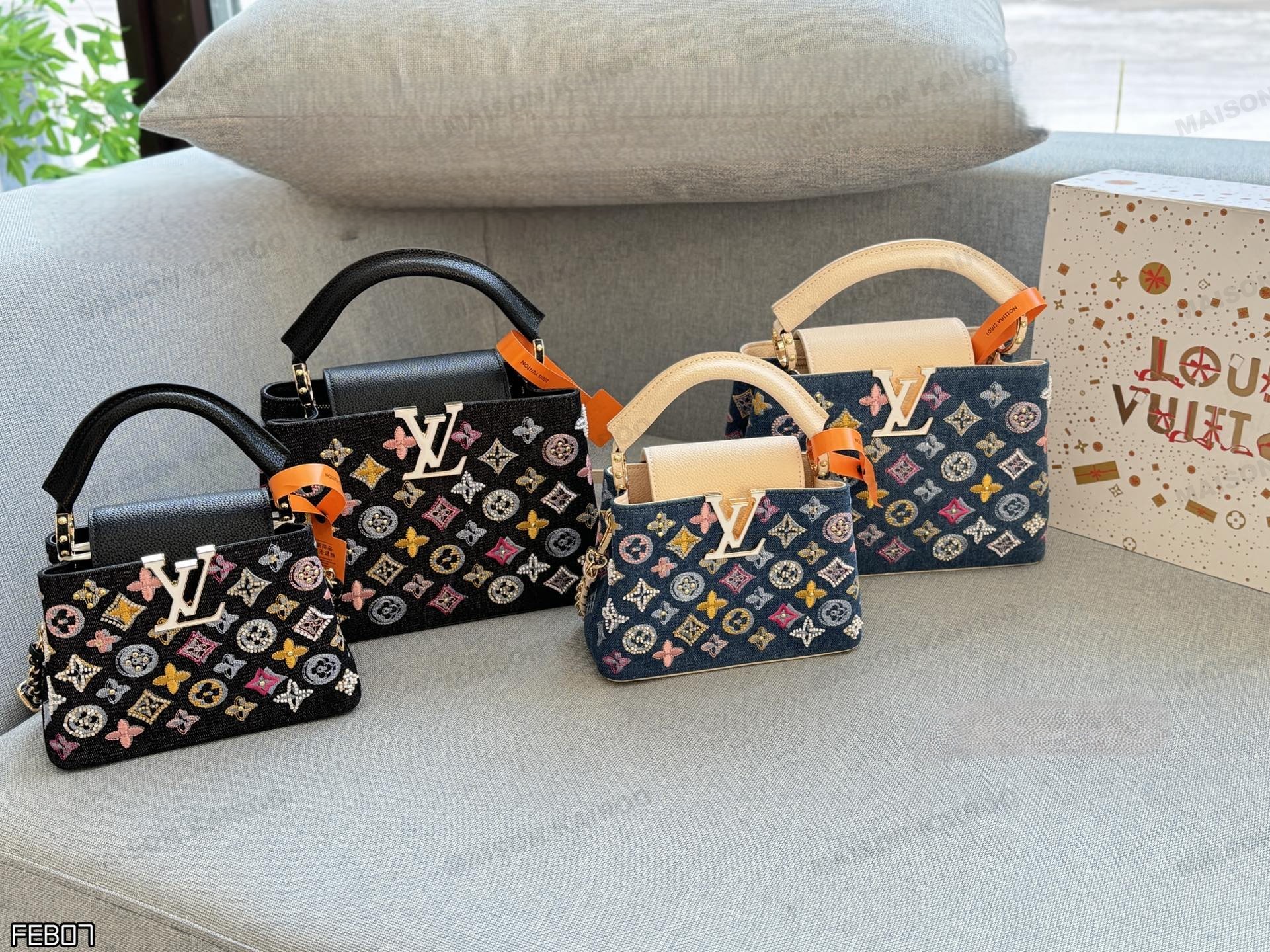 Louis Vuitton LV Capucines BB/Mini Enamel Inlay Logo Denim Multicolor Embroidery Leather Top Handle Bag - KAIROO