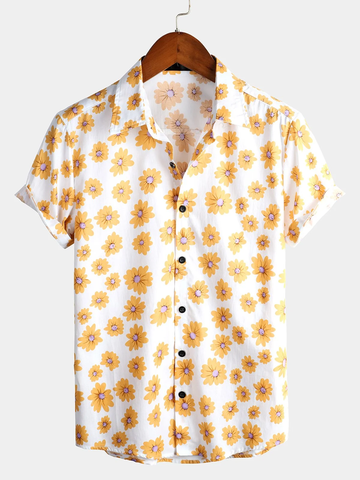 Men's Tropical Hawaiian Daisy Floral Print Cotton Shirt