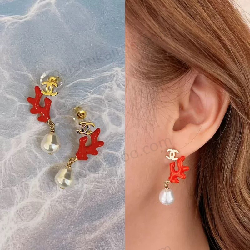 Chanel Coral-Effect Pearl Dangle Earrings - KAIROO
