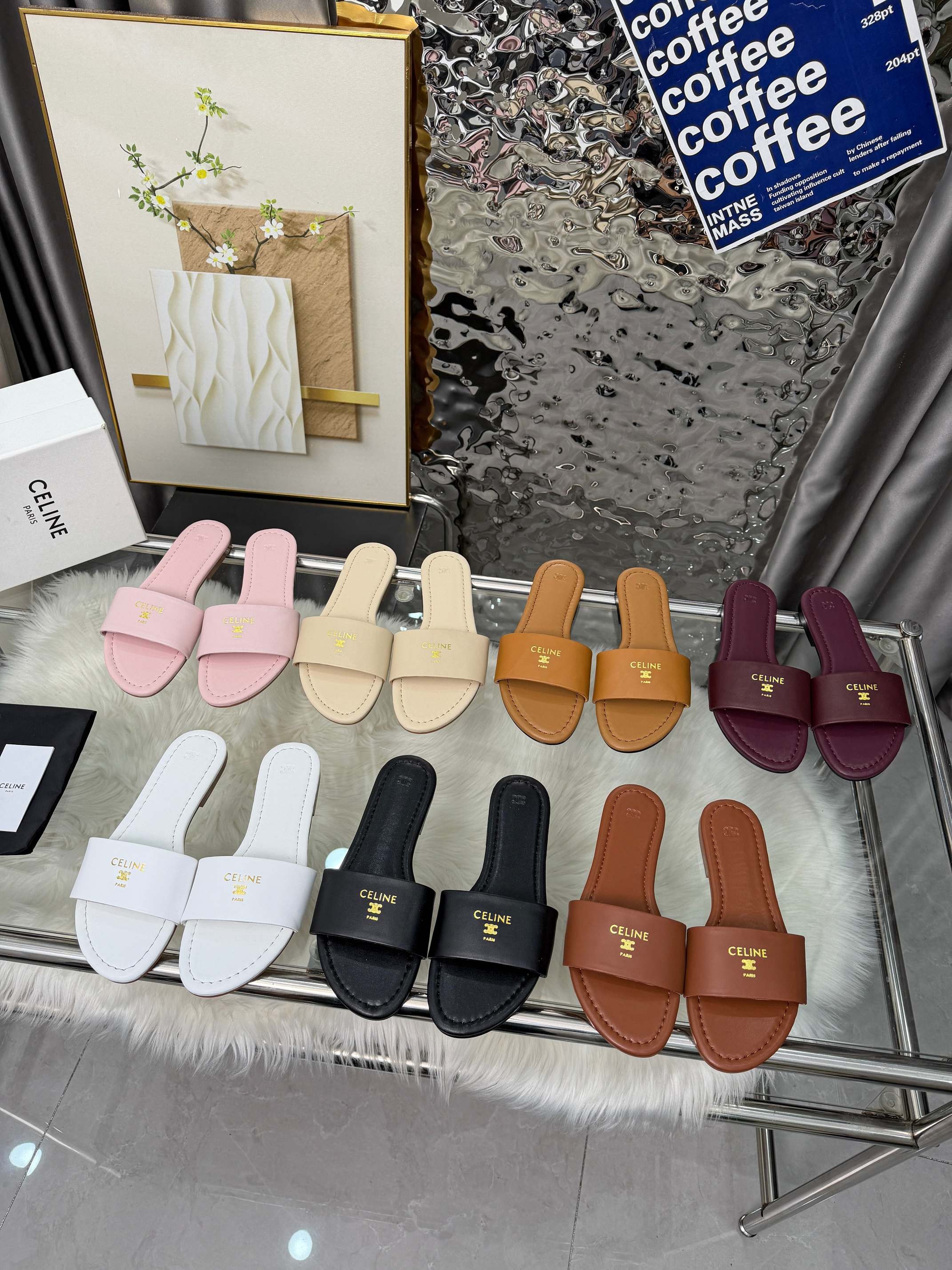 Celine Essentials Gold Stamped Logo Colorful Leather Flat Slides - KAIROO