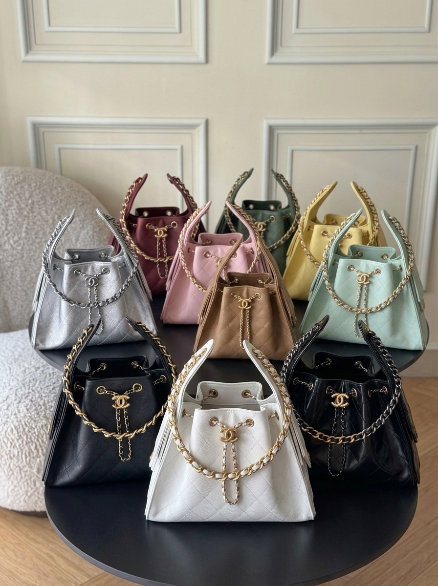 【10A】Chanel 25bag Small 30 Quilted Caviar & Shiny Leather Drawstring Lazy Bucket Hobo Tote Bag - KAIROO