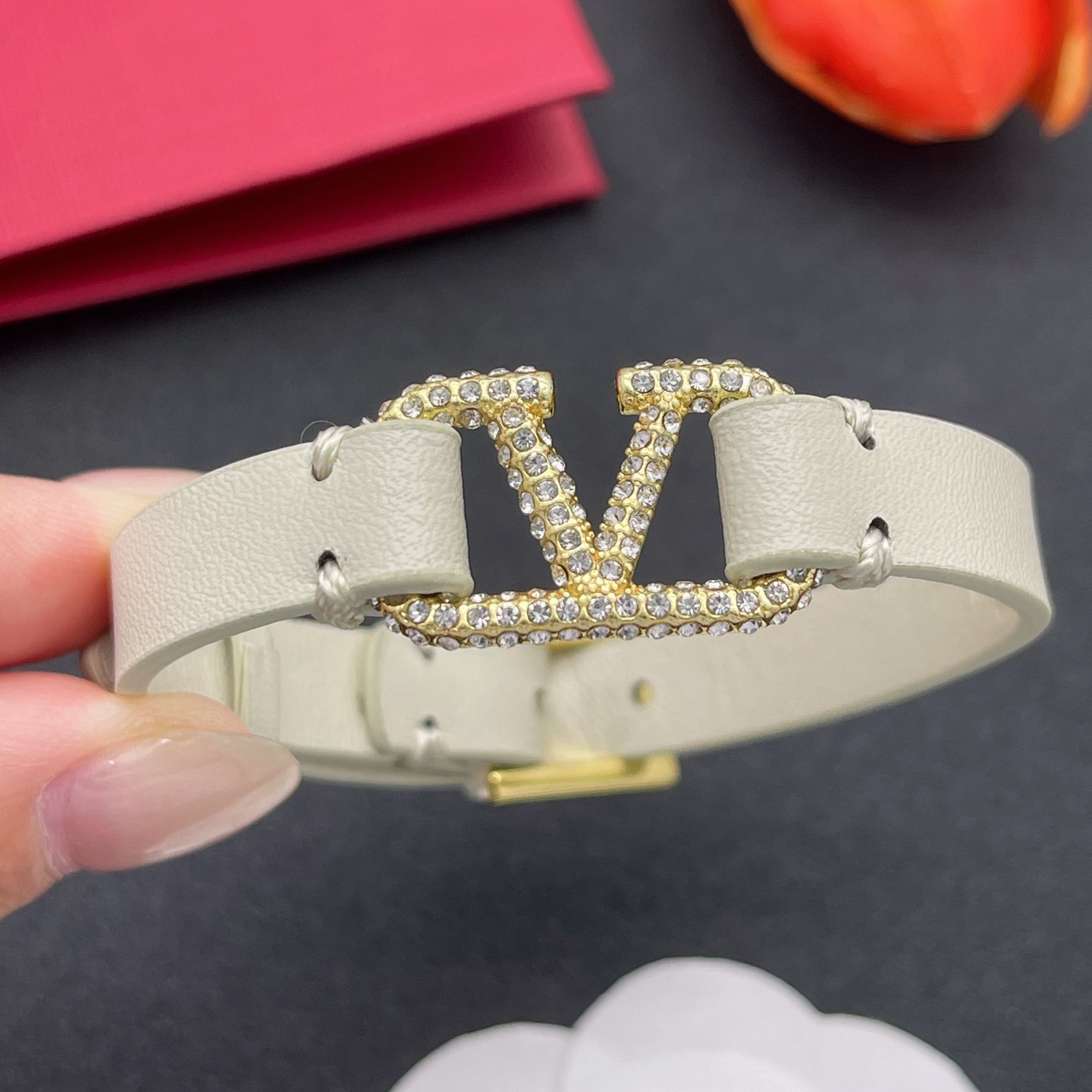 Valentino VLogo Signature Crystal Pave Adjustable Leather Strap Wrap Cuff Bracelet - KAIROO