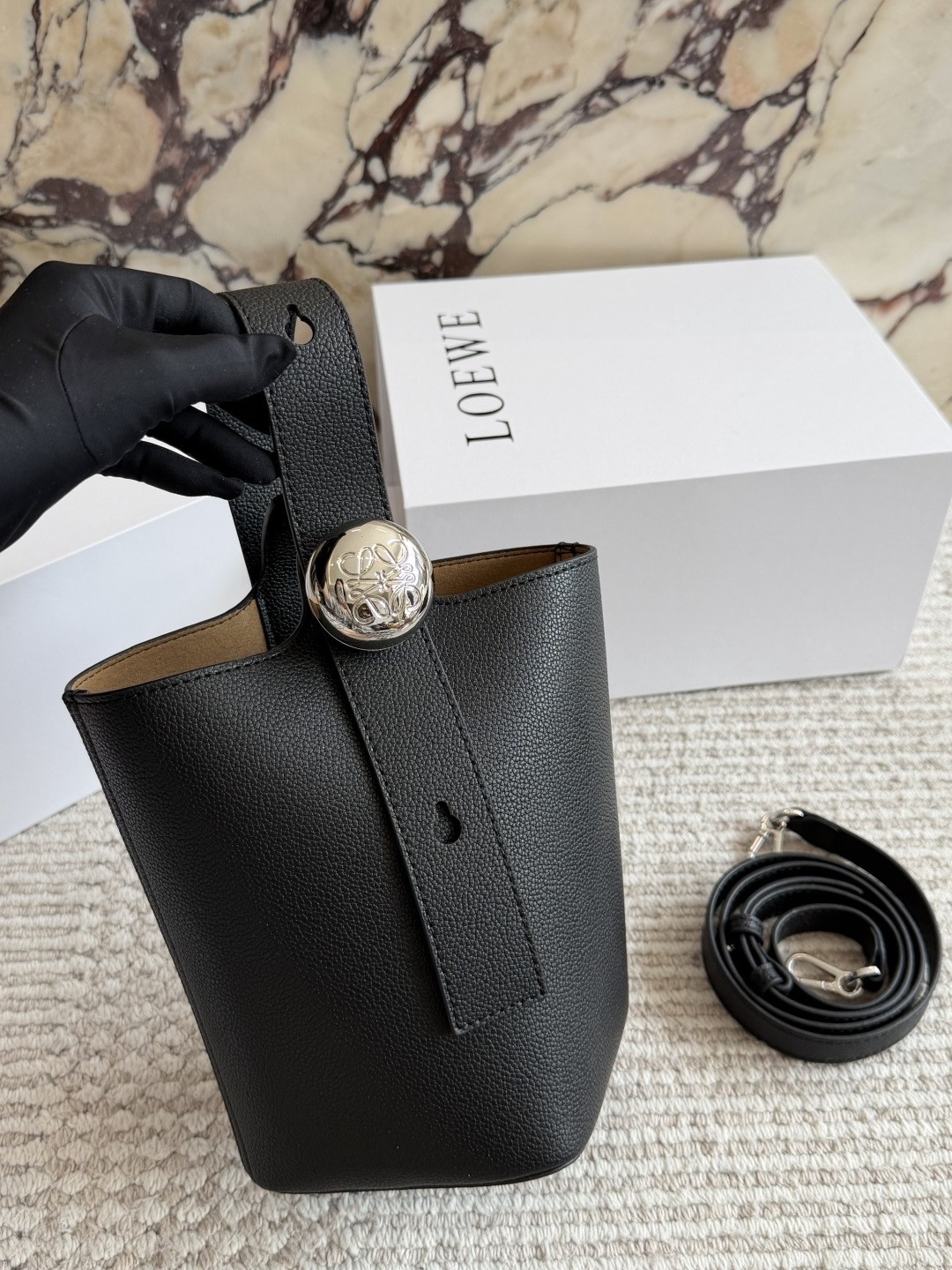Loewe Black Mini Pebble Grain Leather Silver Metal Anagram Handle Shoulder Bucket Bag - KAIROO