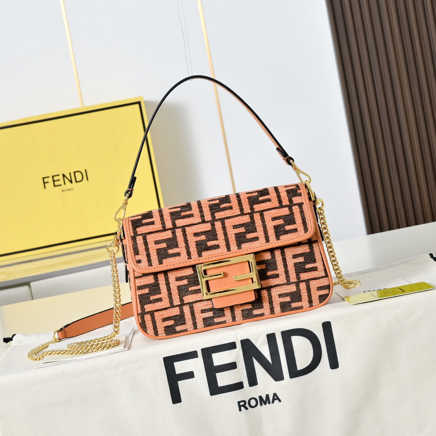 Fendi Peach Rectangular FF Monogram Raffia Weave Chain Baguette Bag - KAIROO