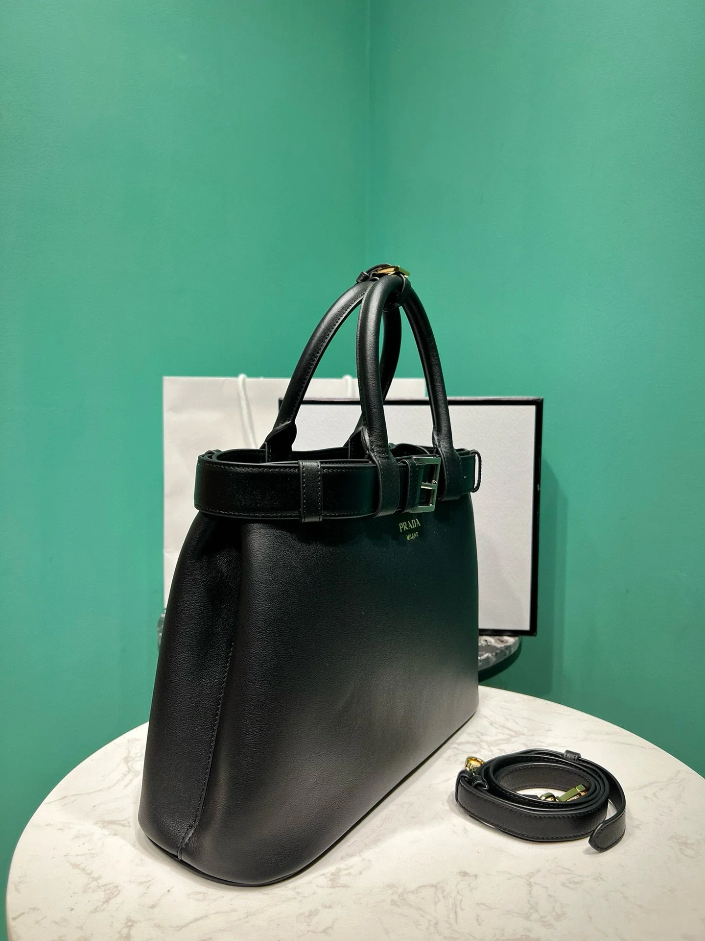 Prada  buckle medium 35cm black calfskin gold hardware