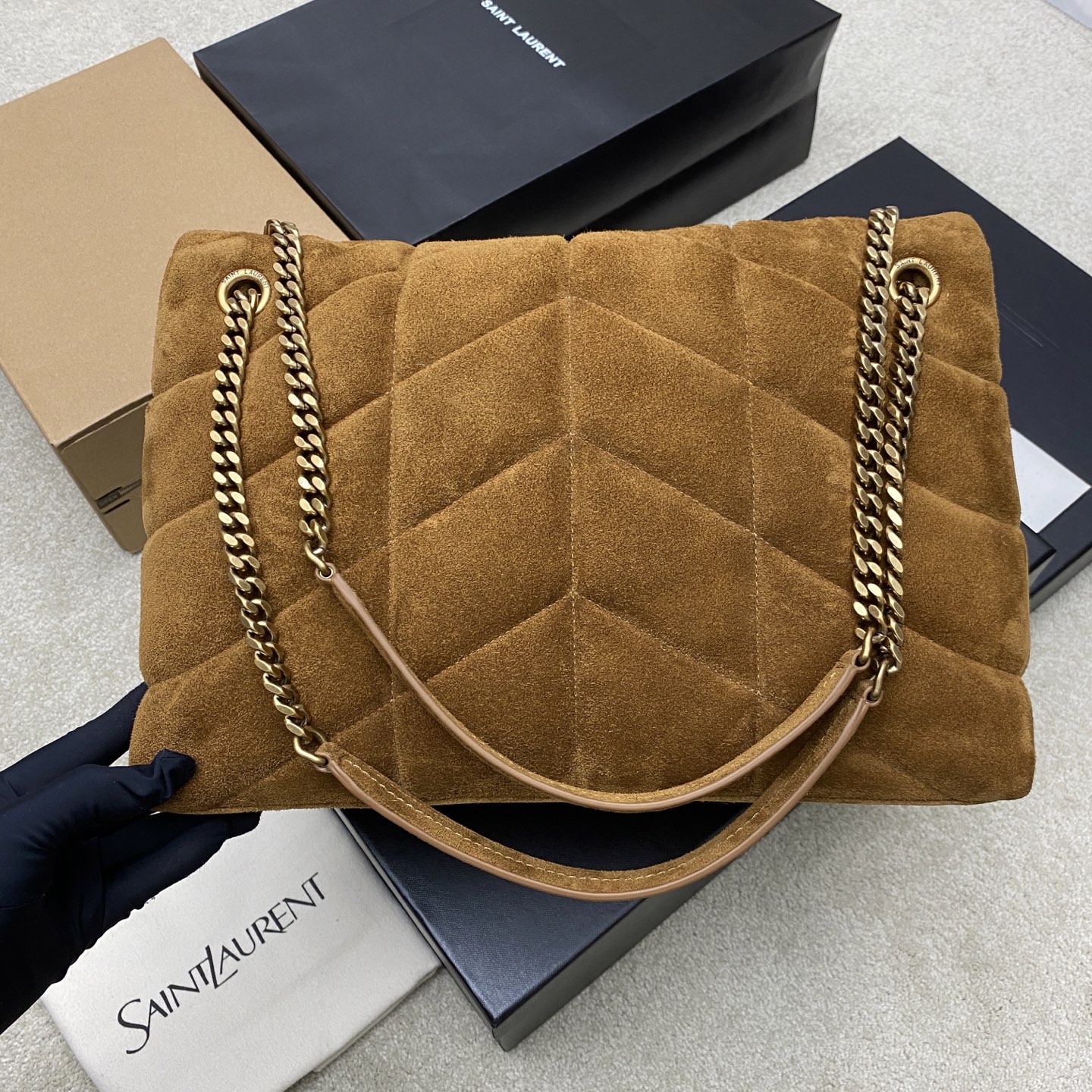 YSL Saint Cream Denim Medium Puffer Bag in Suede Leather 577475