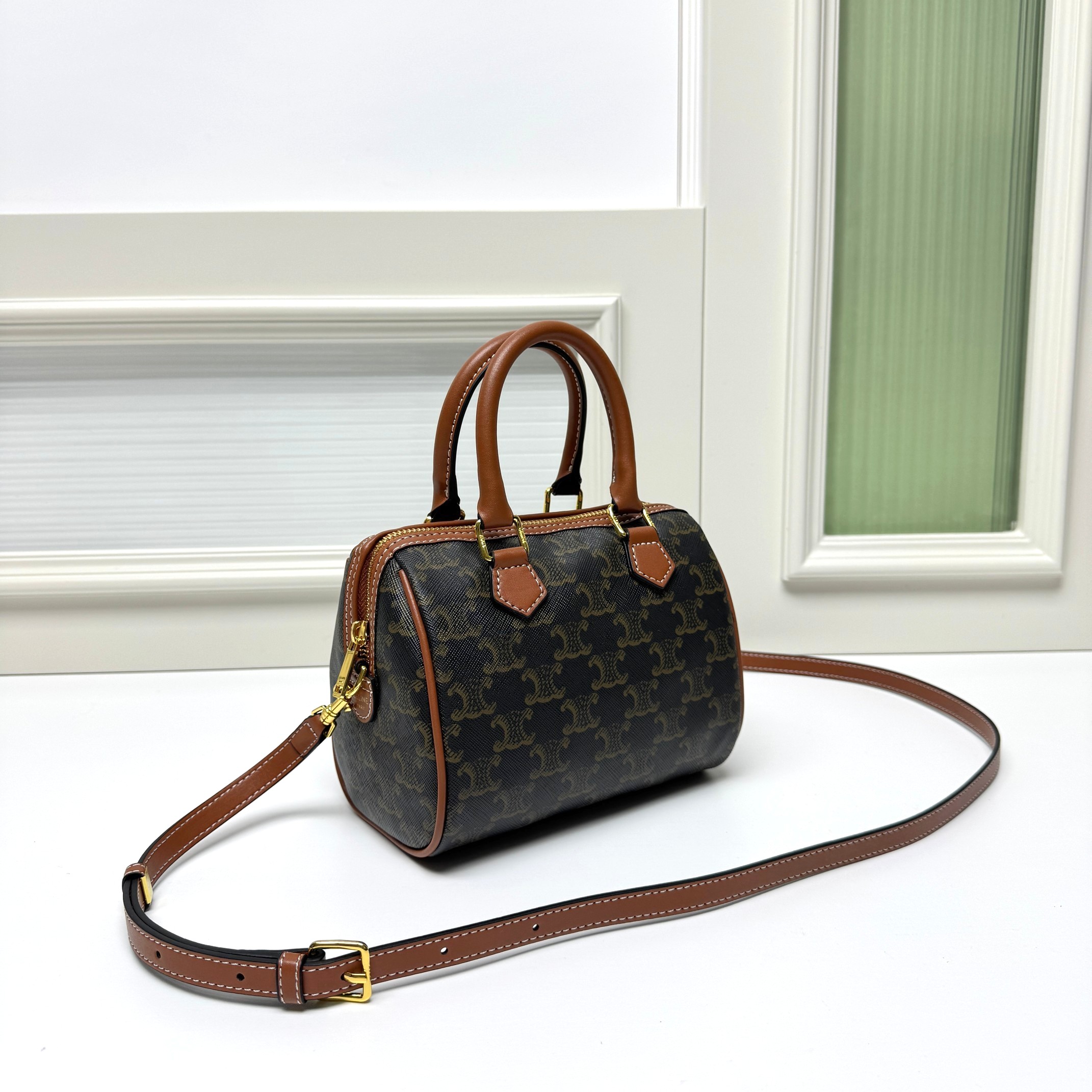 Celine Small Tan Triomphe Monogram Canvas Leather Trim Handle Doctor Boston Bag - KAIROO