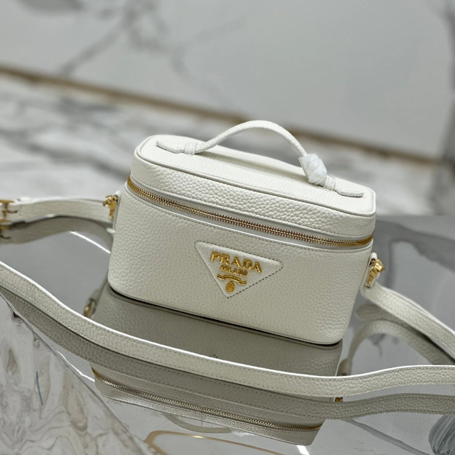 Prada VANITY CASE 18 IN WHITE GRAINED CALFSKIN GOLD HARDWARE