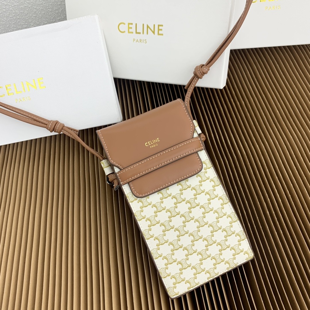 Celine Triomphe Monogram Canvas Leather Flap Vertical Phone Pouch Bag - KAIROO